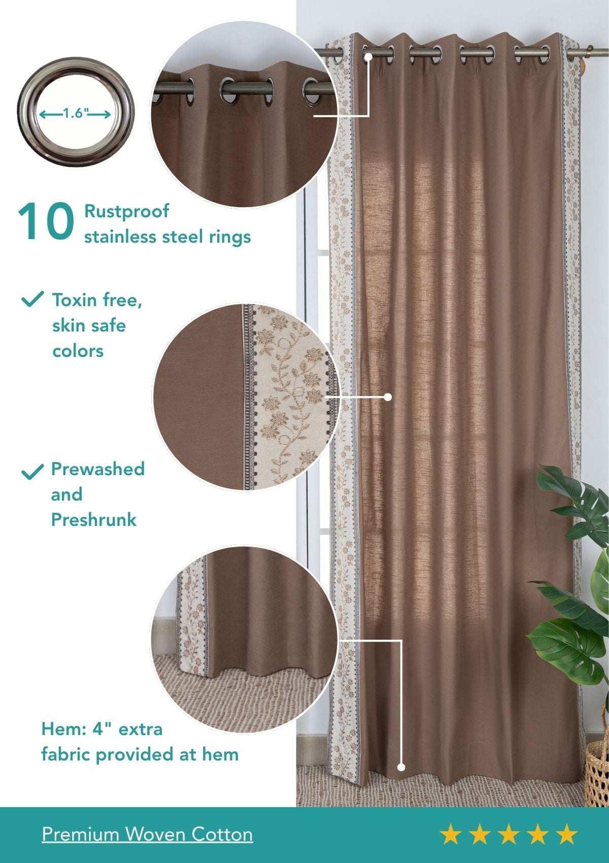 Mogra Chocolate Brown & Grey Floral 100% Cotton Embroidered Curtain For Livingroom / Bedroom | Room Darkening | Single Piece