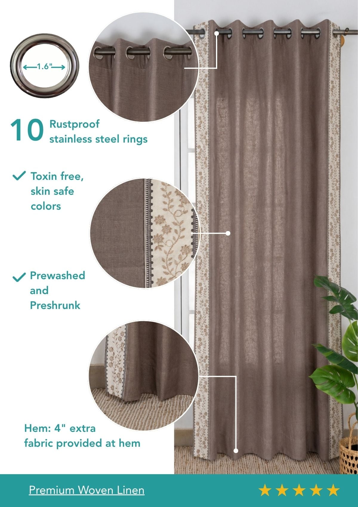 Mogra Fig Brown & Grey Floral Linen Cotton Blend Embroidered Curtain For Livingroom / Bedroom | Room Darkening | Single Piece