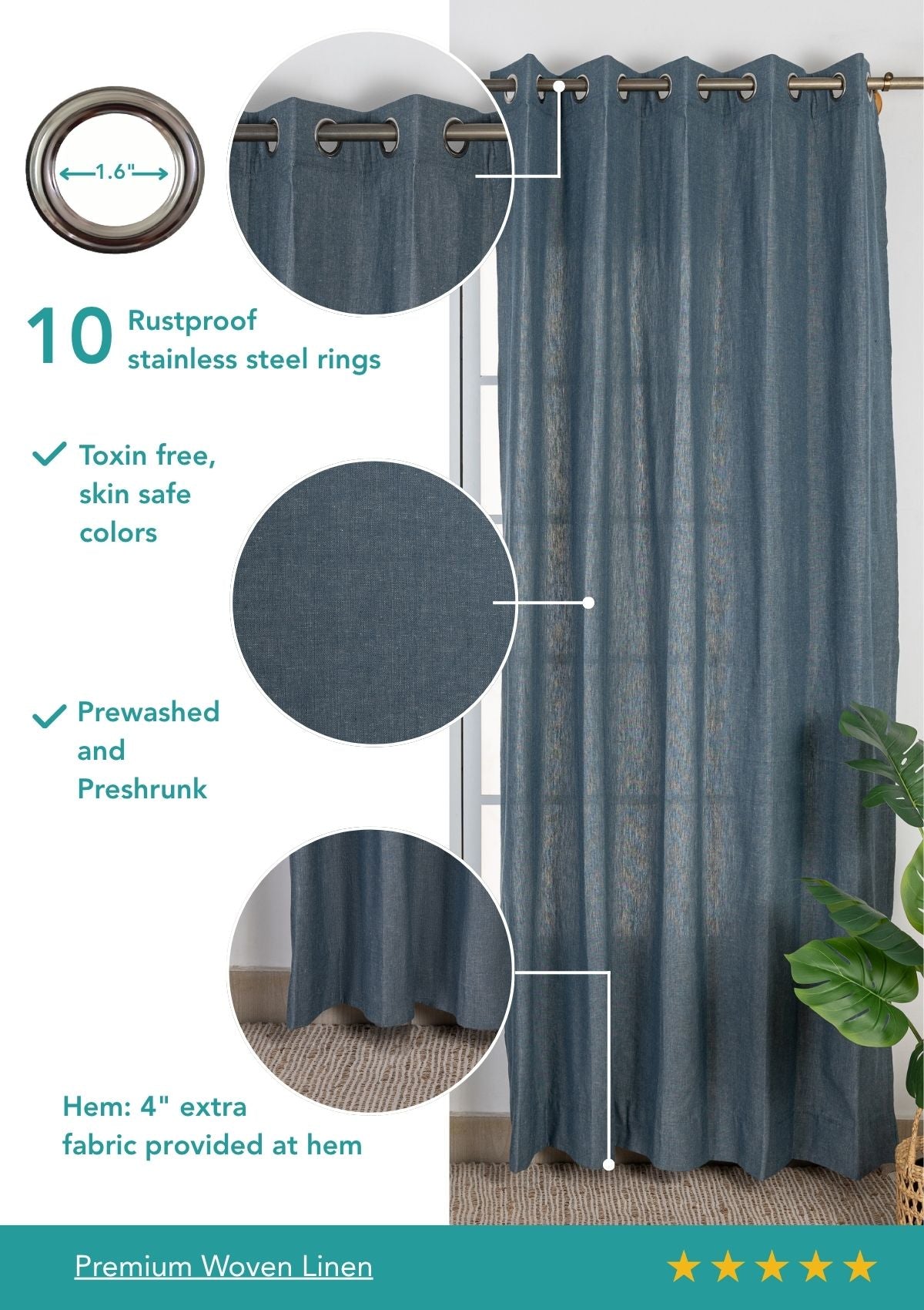Nilgiri Blue Solid Linen Cotton Blend Textured Curtain For Livingroom / Bedroom | Room Darkening | Single Piece