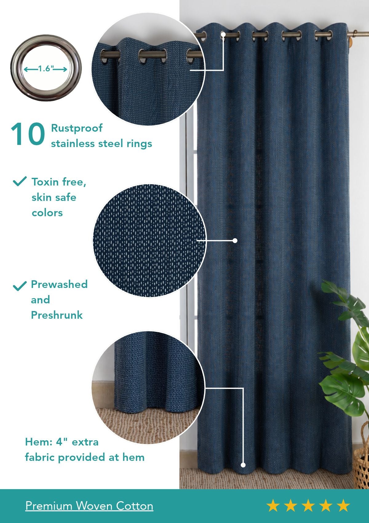 Pacific Blue 100% Cotton Textured Curtain For Livingroom / Bedroom | Room Darkening | Single Piece