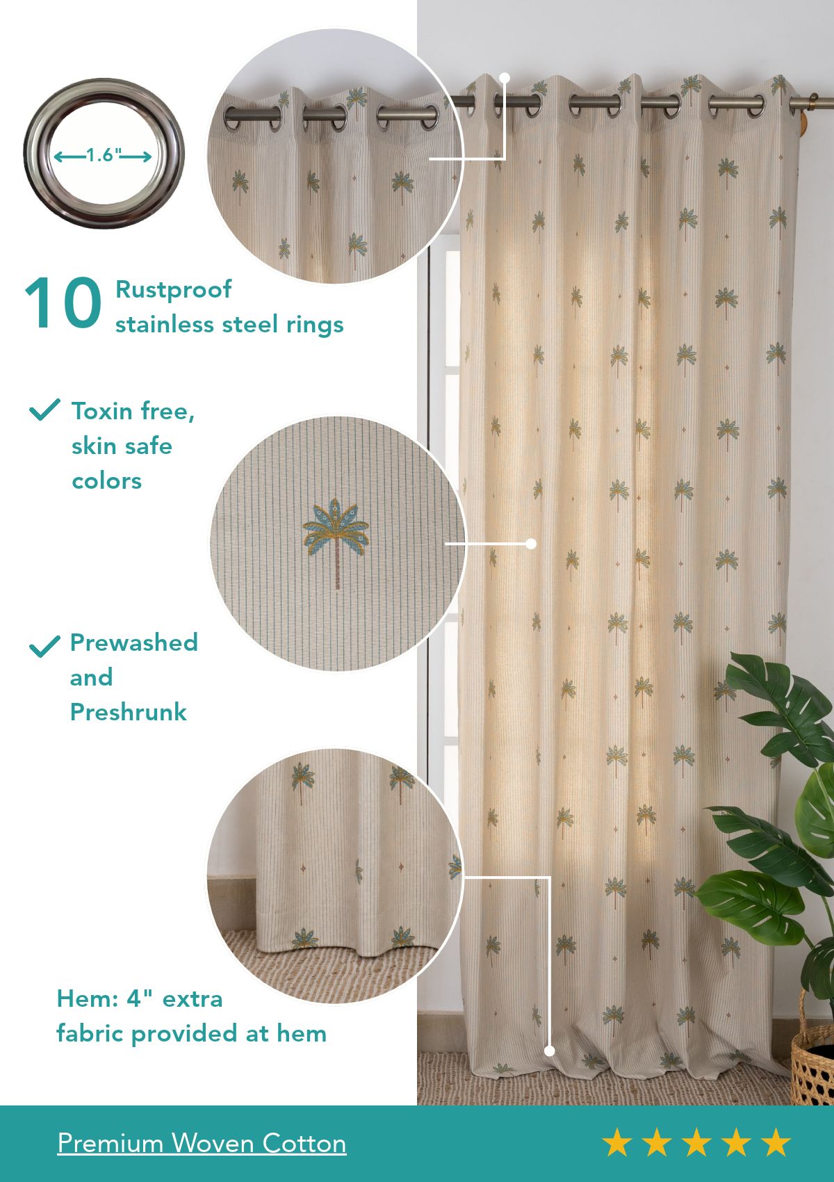 Tala Teal Floral 100% Cotton Printed Curtain For Livingroom / Bedroom | Light Reduction | Single Piece