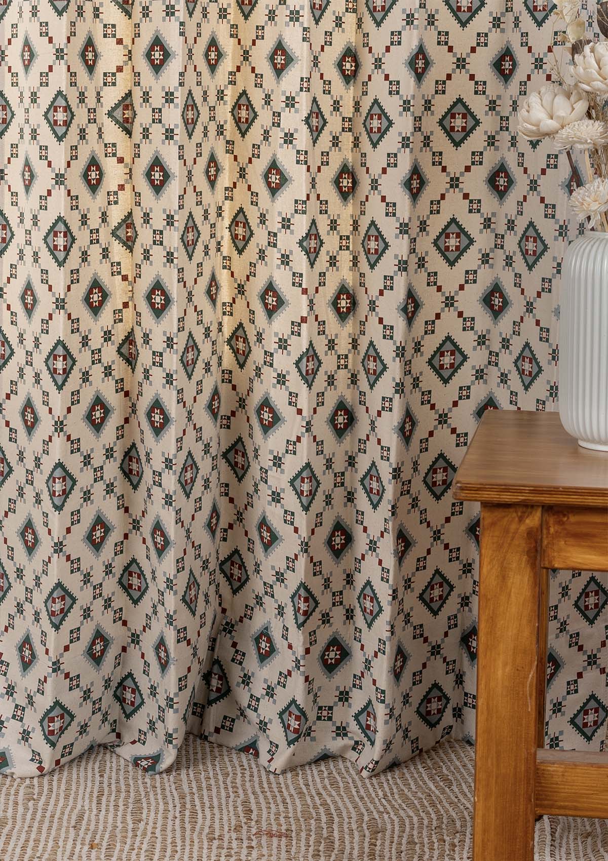 Crimson Red Plain Room Darkening Curtain & Thinnai Ethnic Printed - 100% Cotton for Living Room & Bedroom - Pack of 4