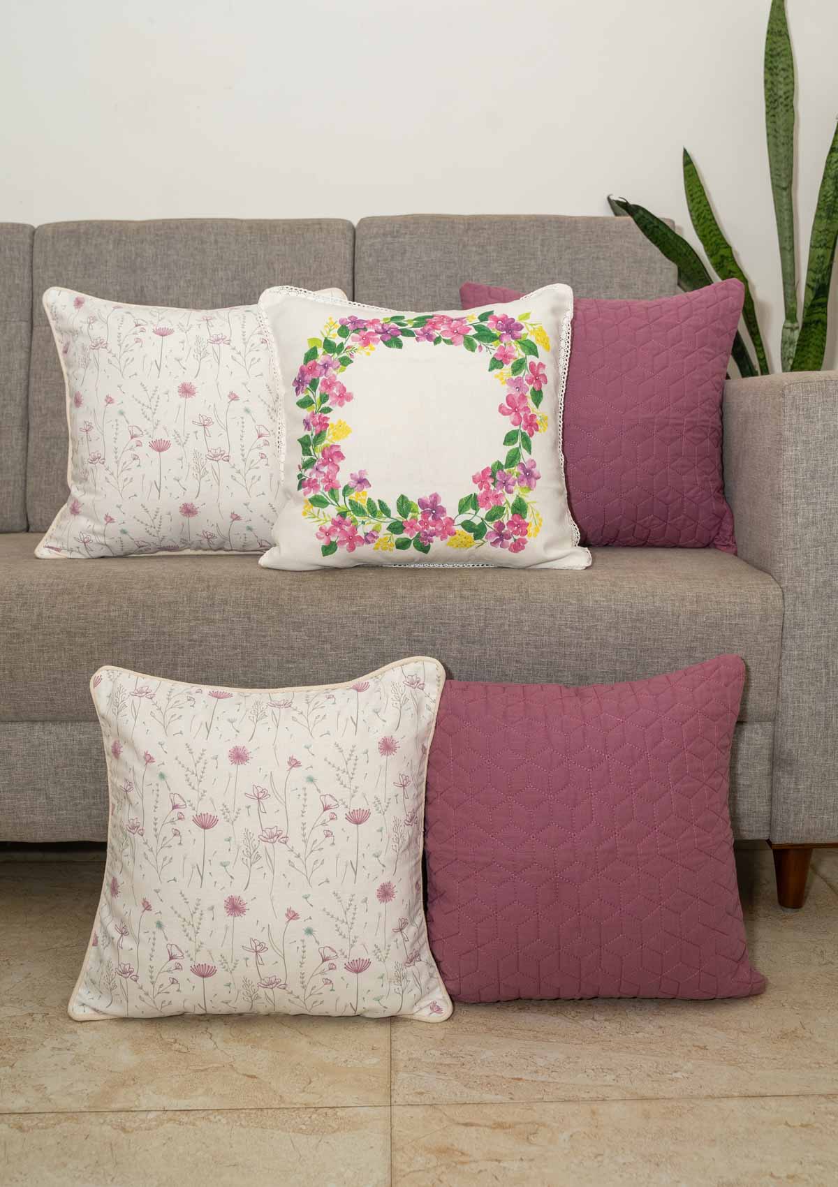 Veri Peri floral , Drifting Dandelion Pink, Quilted Solid Lavender - Cushion Cover - Set of 5