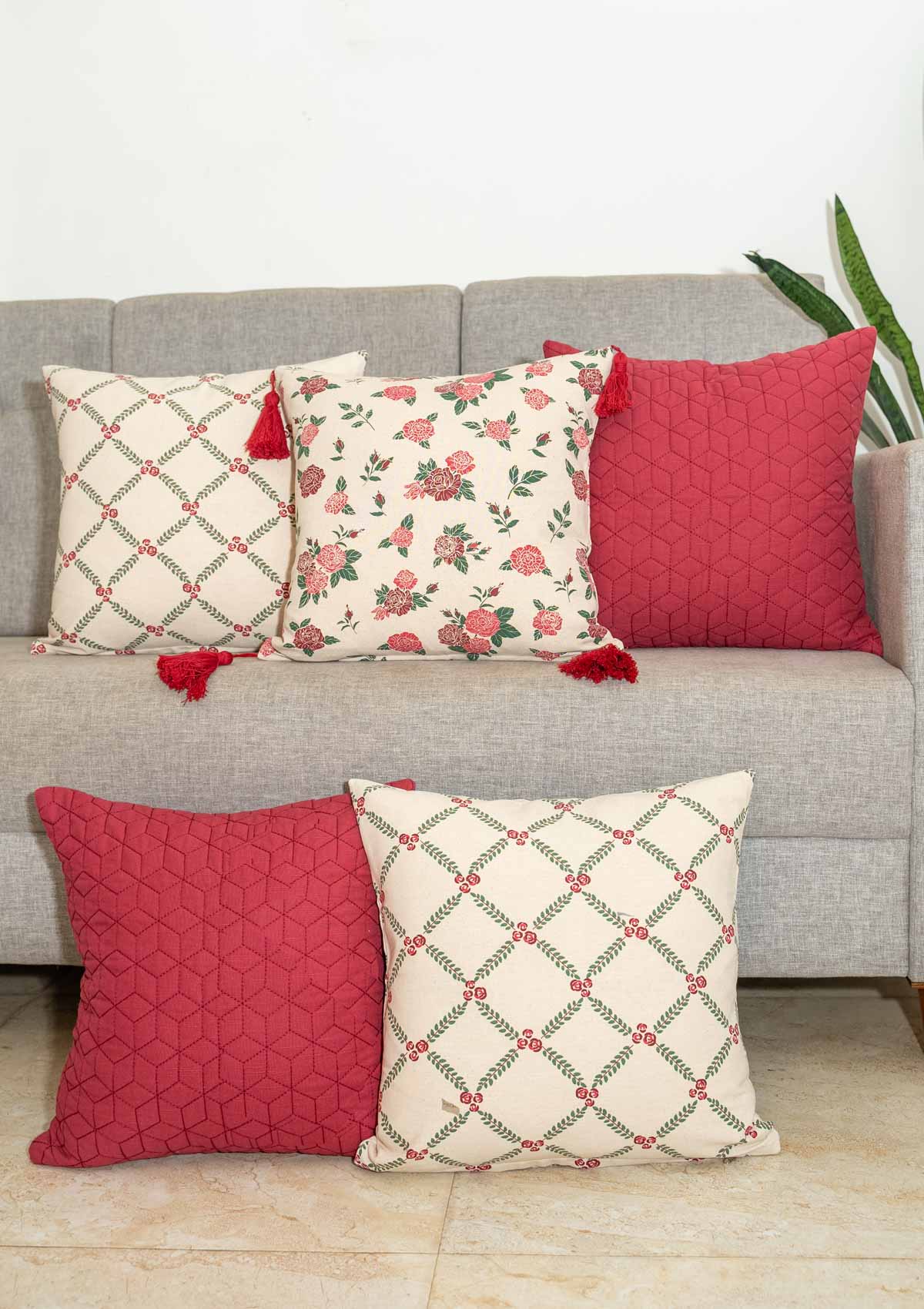 Wild Roses printed, Climbing Roses with Red tassels, Quilted Solid Wine Red - Cushion Cover - 16" x 16"