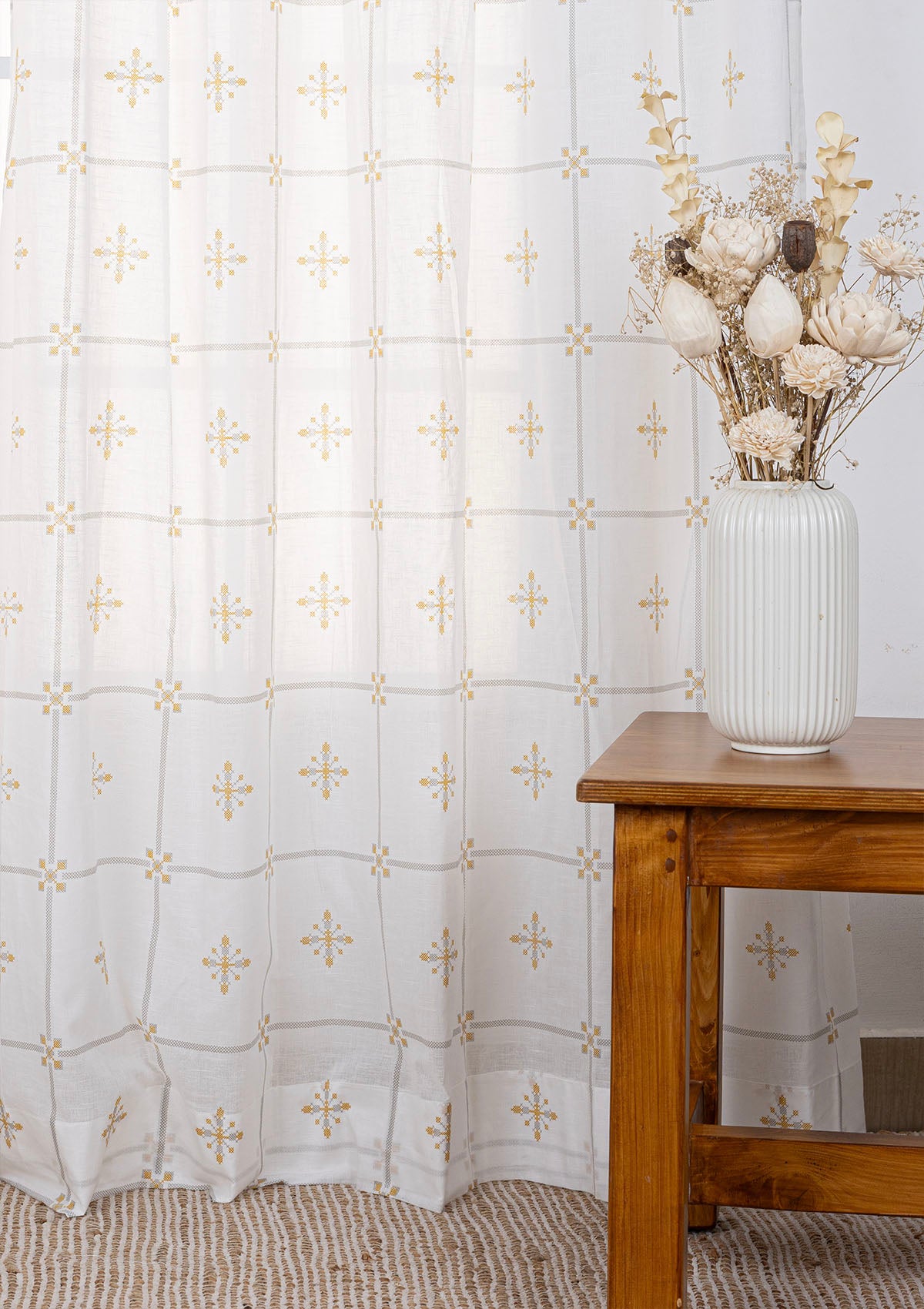Amber Yellow Plain Curtain Light Reduction & Kaanta Printed Light Filtering Sheer - 100% Cotton for Living Room & Bedroom - Pack of 4