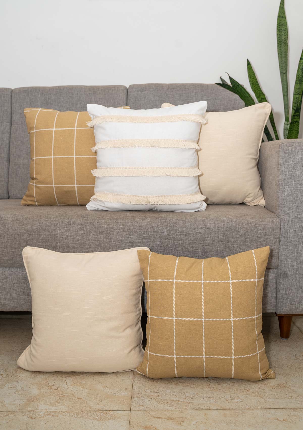 White Fringes tasseled , Cabin Checks geometric, Solid Cream cushion cover - 16" x 16" - Set of 5