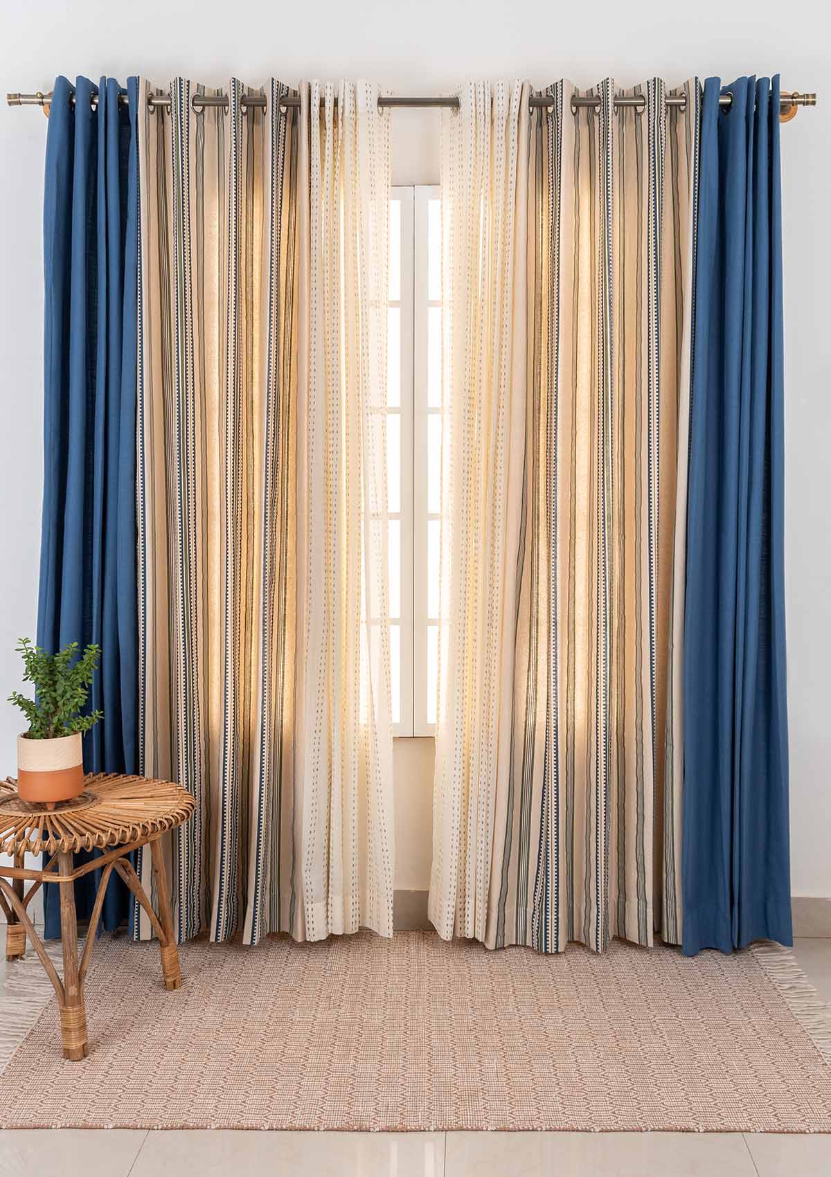 Roman Stripes with Dew Set Of 3 Combo Cotton Curtain  - Royal Blue