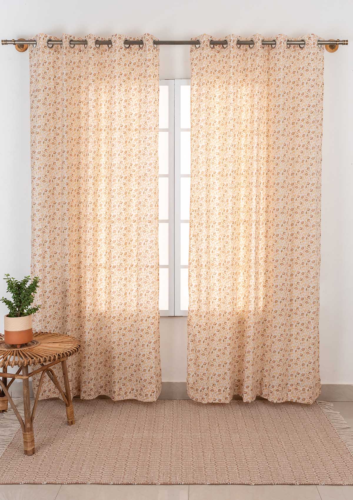 Calico 100% cotton ethnic sheer curtain for living room - Light filtering - Amber - Pack of 1