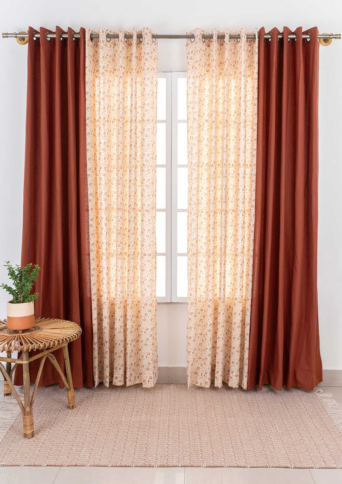 Calico with Solid Brick Red Set Of 2 Combo Cotton Curtain  - Red and Beige