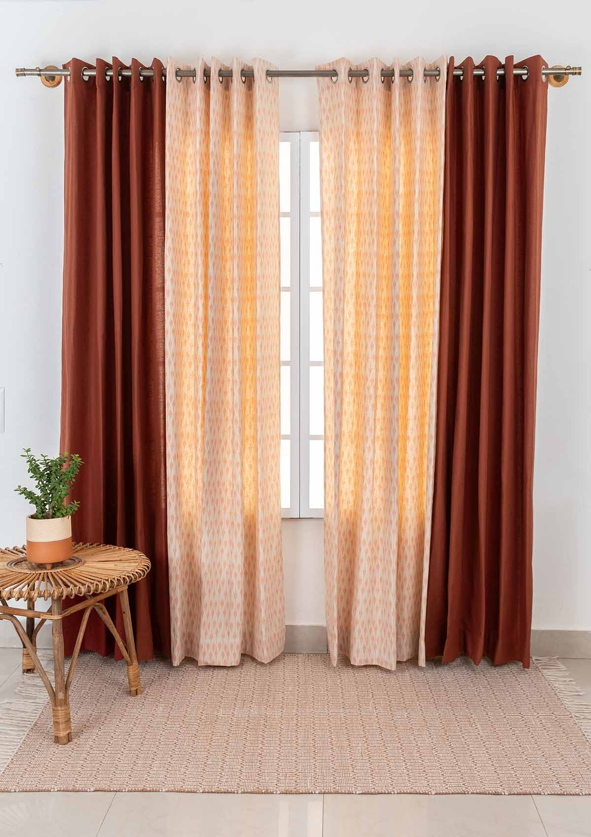 Chenab with Solid Brick Red Set Of 4 Combo Cotton Curtain  - Red and Beige