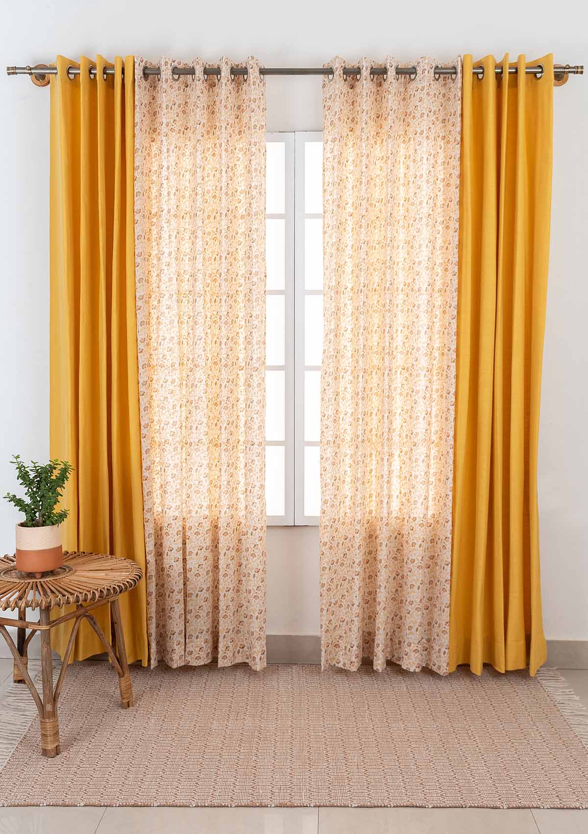Calico with Solid Mustard Set Of 2 Combo Cotton Curtain  - Mustard and Beige