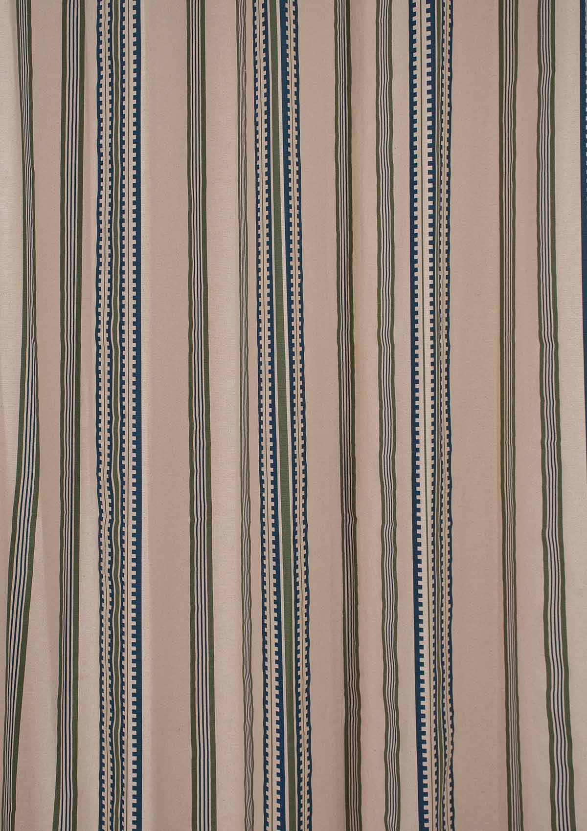 Roman Stripes Printed Cotton Curtain -  Pepper Green and Night Blue