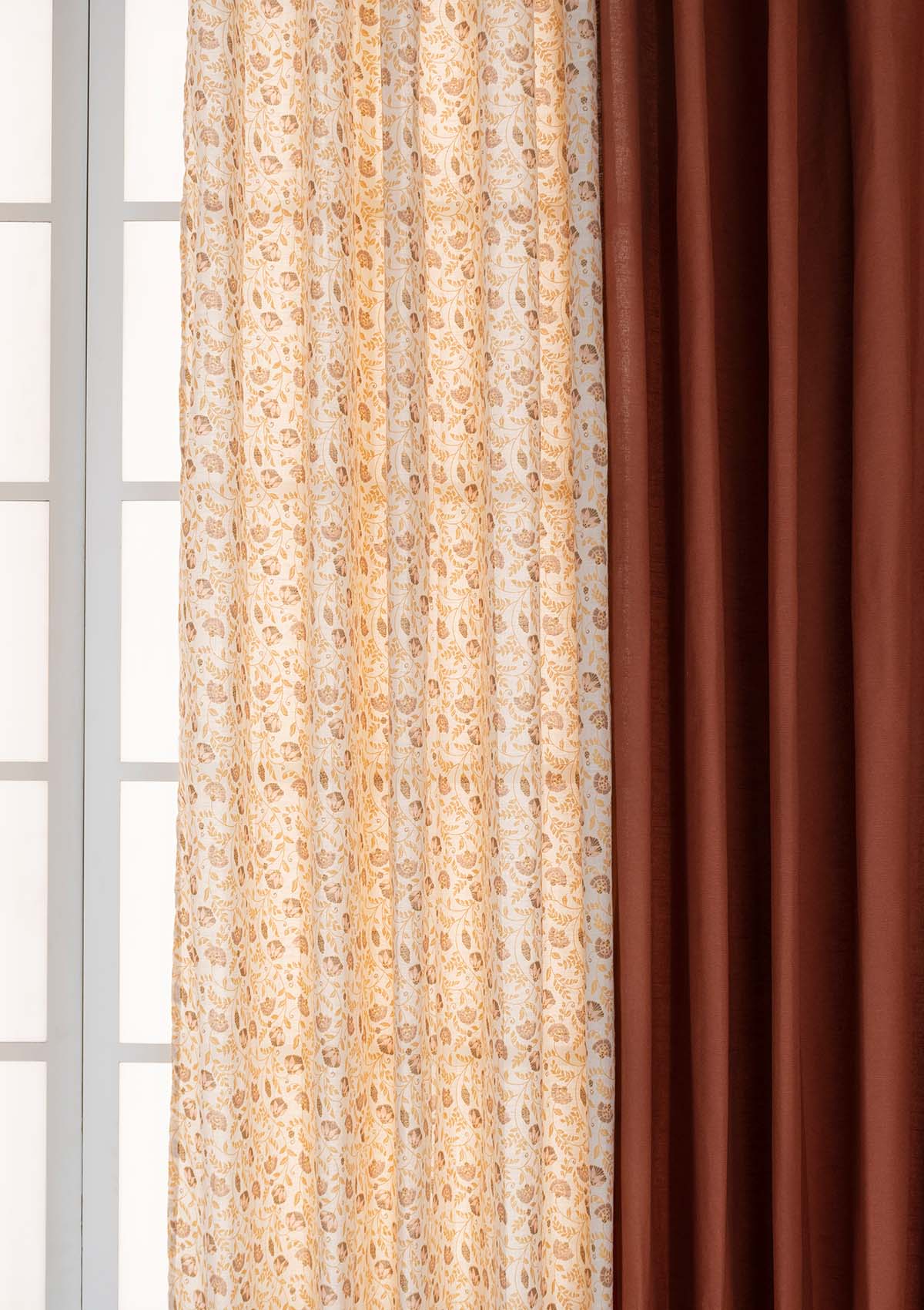 Calico with Solid Brick Red Set Of 4 Combo Cotton Curtain  - Red and Beige