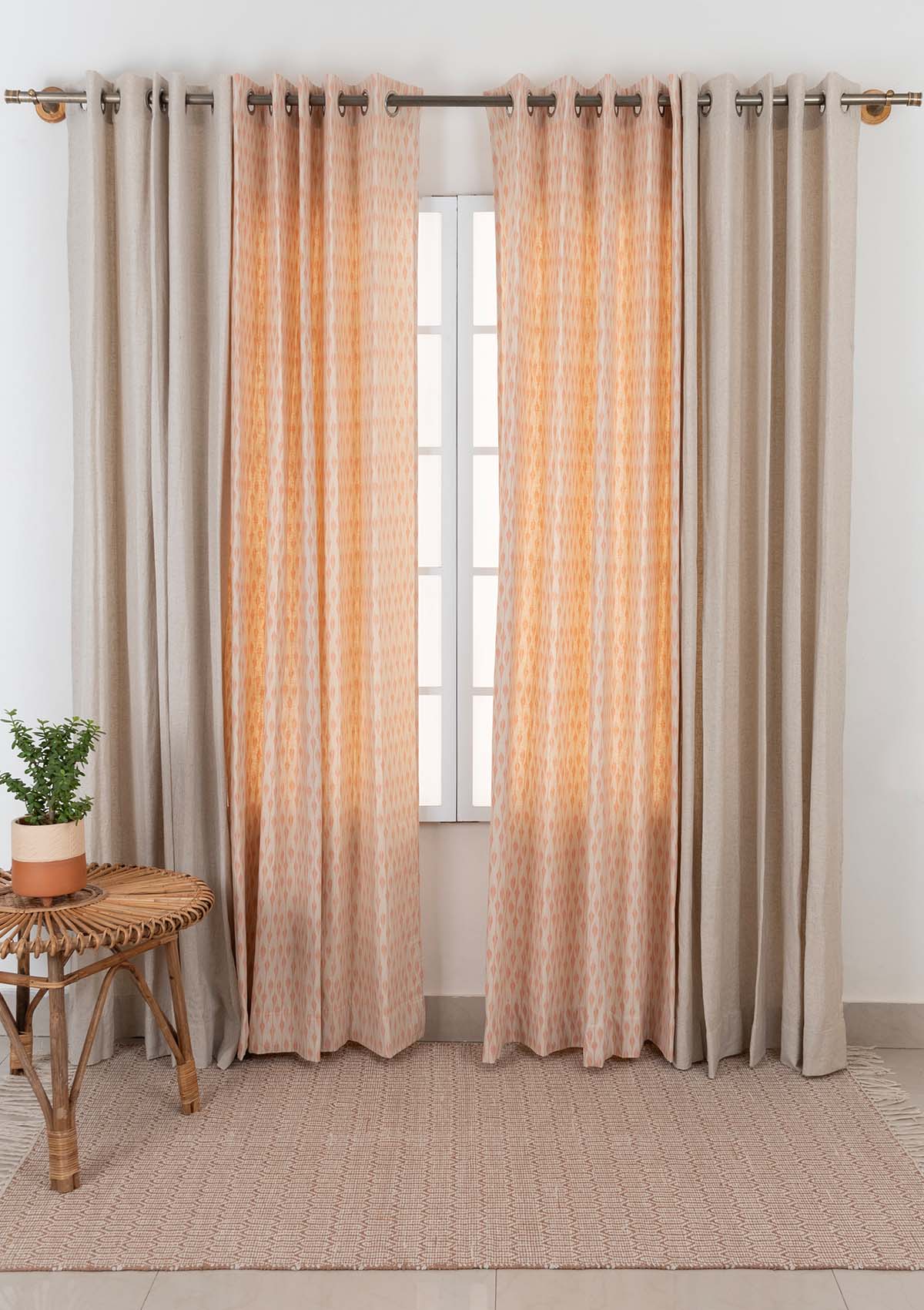 Chenab with Solid Beige Set Of 4 Combo Cotton Curtain  - Beige