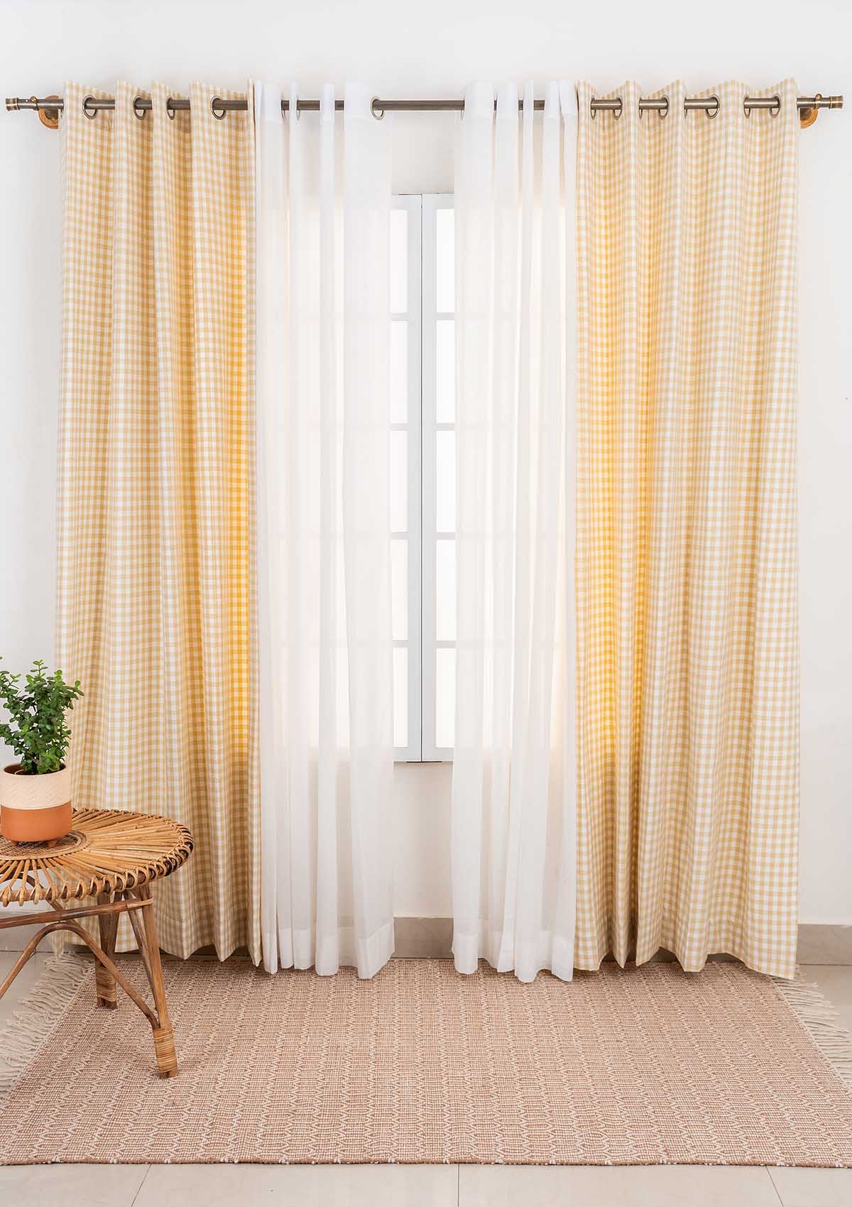 Ivory Gingham with Warm White Sheer Set Of 2 Combo Cotton Curtain  - Ivory