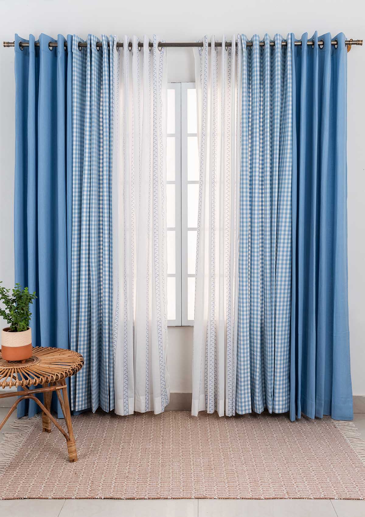 Powder blue gingham with oriental stripes Set Of 3 Combo Cotton Curtain  - Blue And White
