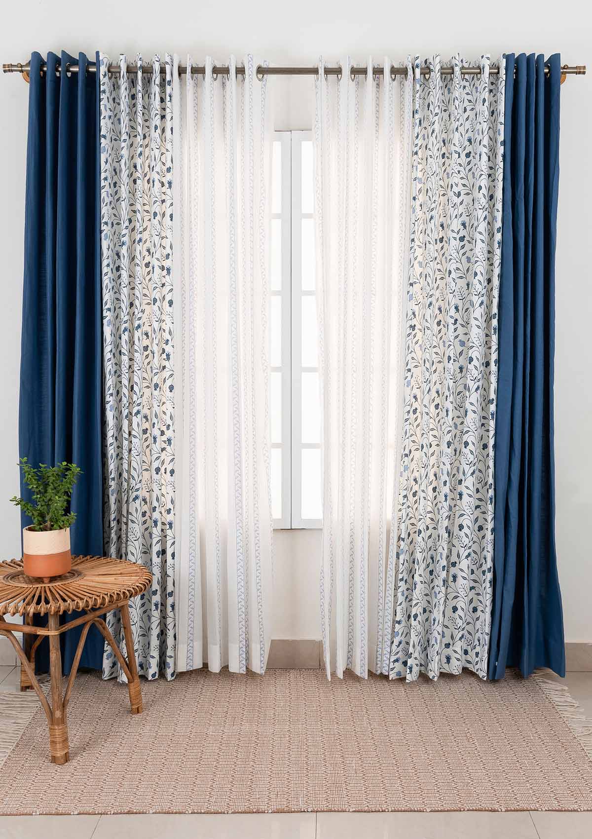 Blue Ruby with Royal blue Set Of 3 Combo Cotton Curtain  - Blue And White