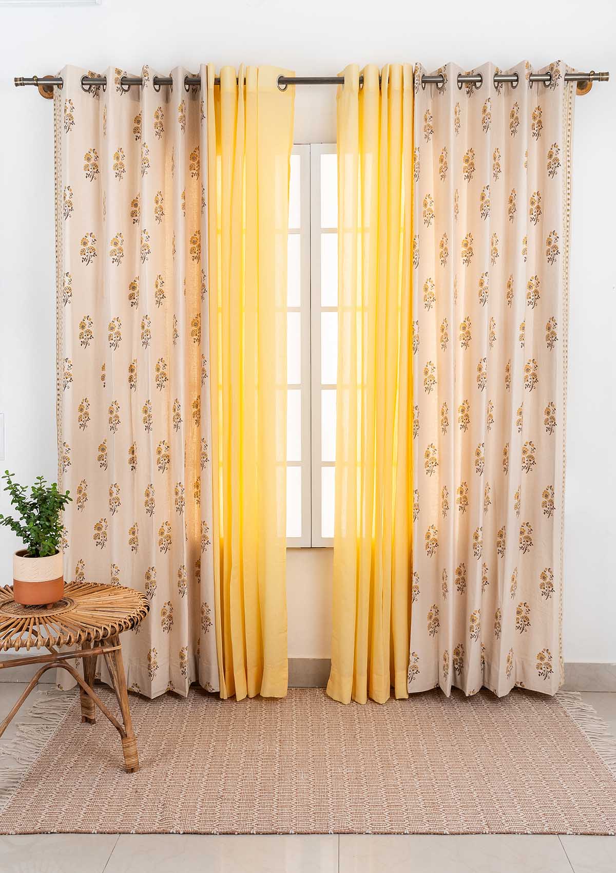 Indus with Turmeric Set Of 4 Combo Cotton Curtain  - Beige And Yellow