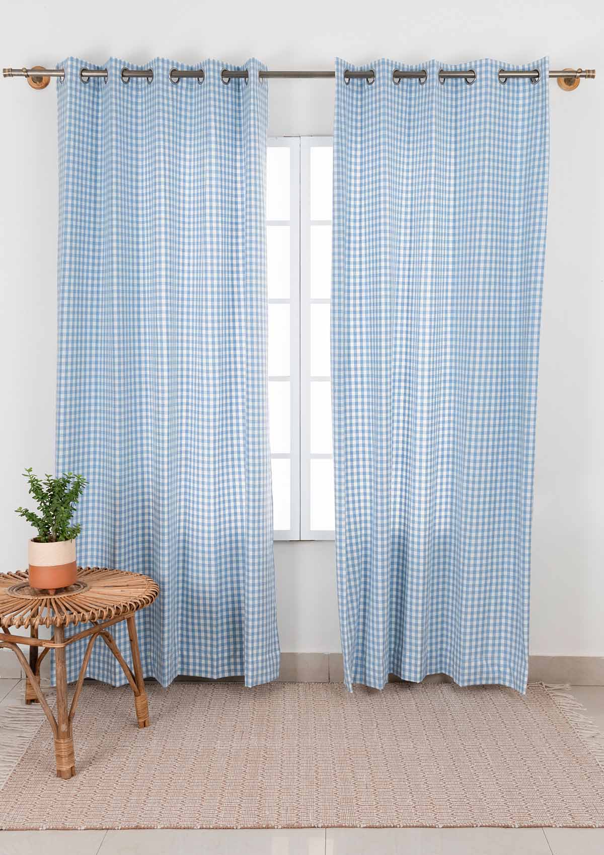 Gingham Woven Cotton Curtain - Powder Blue- Single