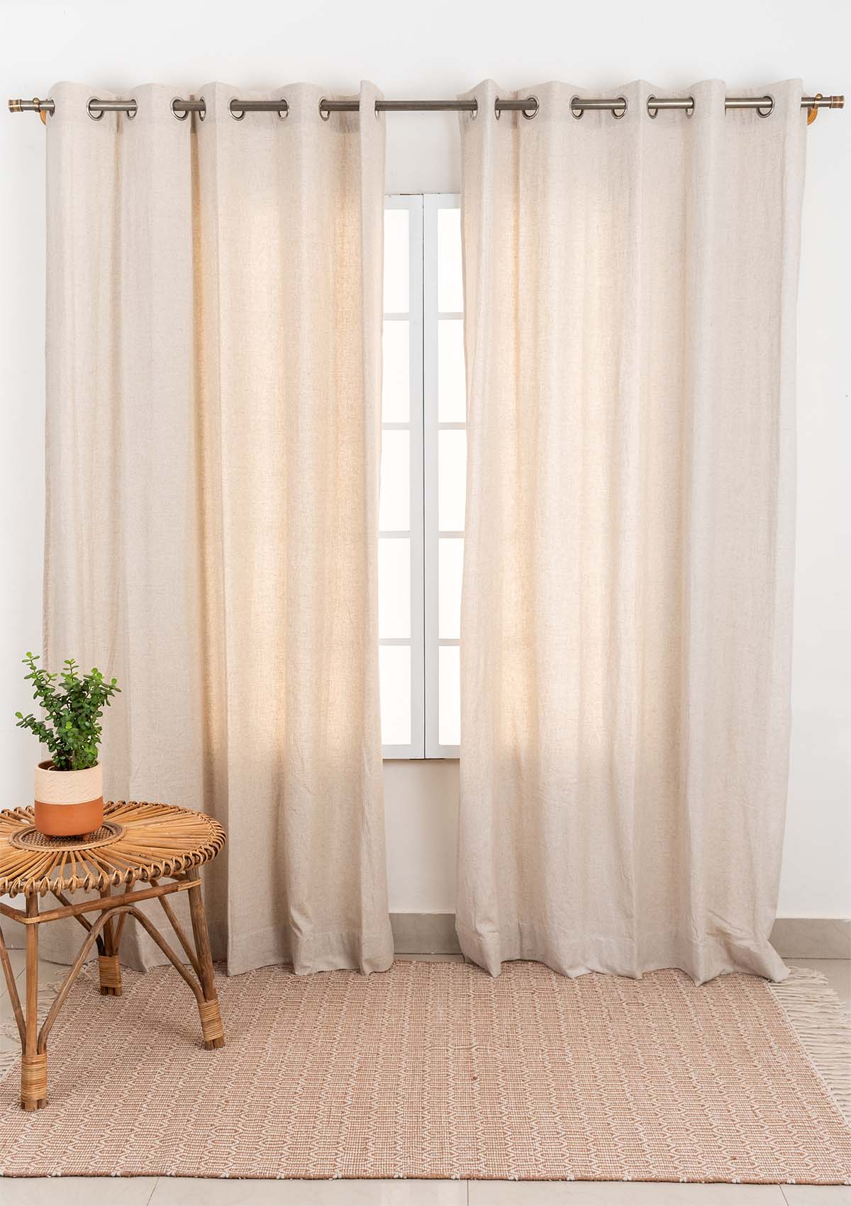 Solid linen Beige 100% Customizable Cotton plain curtain for bedroom - Room darkening
