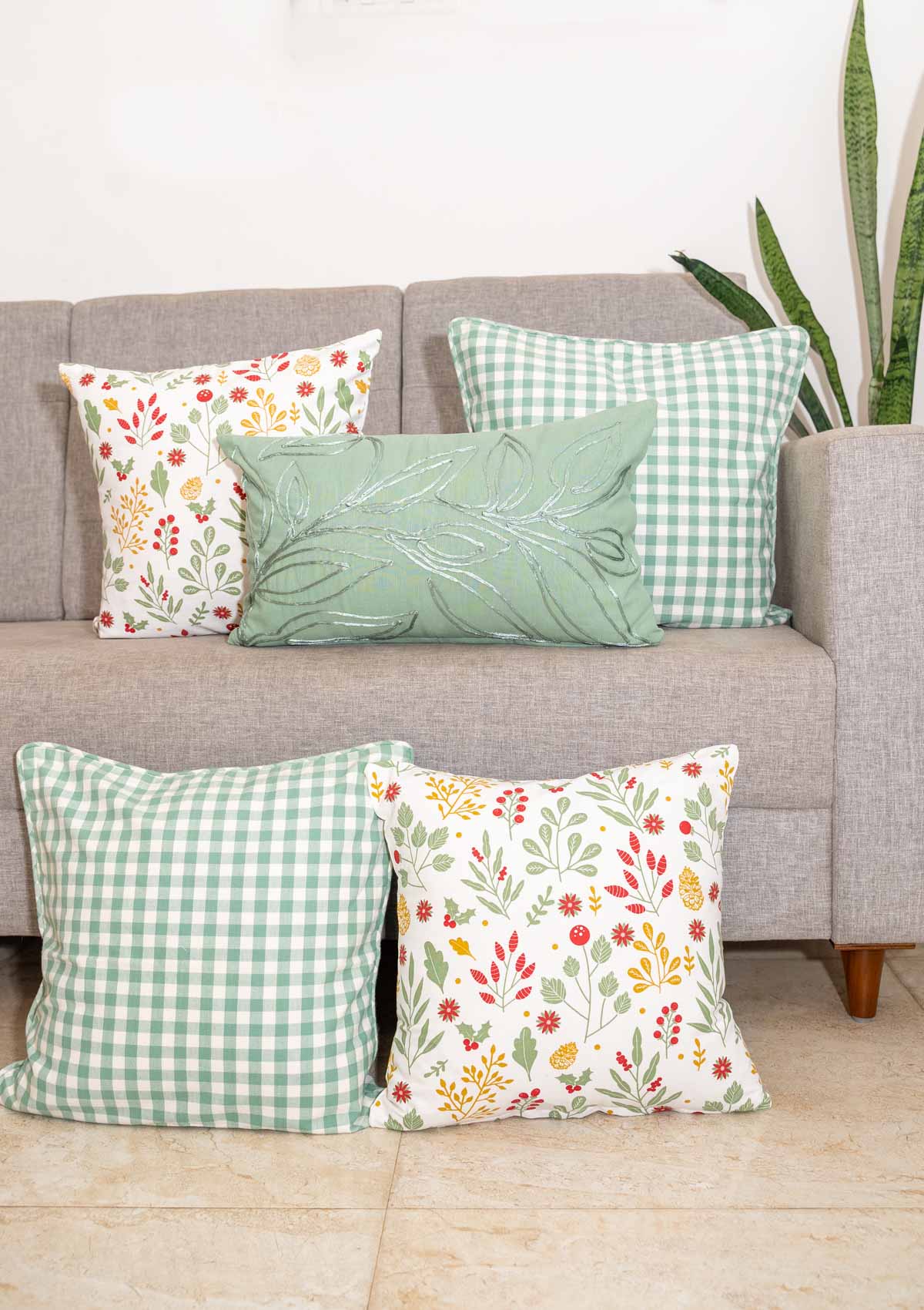 Leafy Affir 12 x 20, Foraged Berries printed, Gingham Sage Green geometric - cushion covers - 16" x 16" - Set of 5