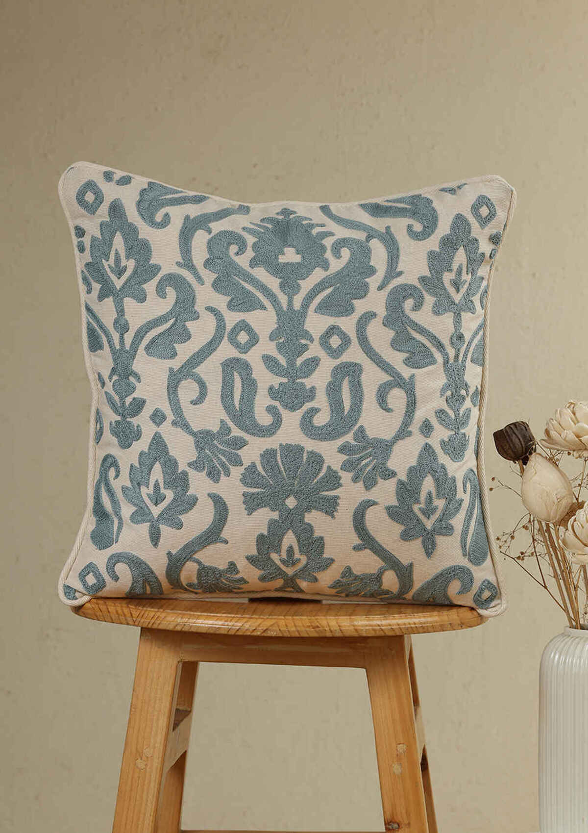 Amelia Teal Embroidered 100% Cotton Cushion Cover For Sofa