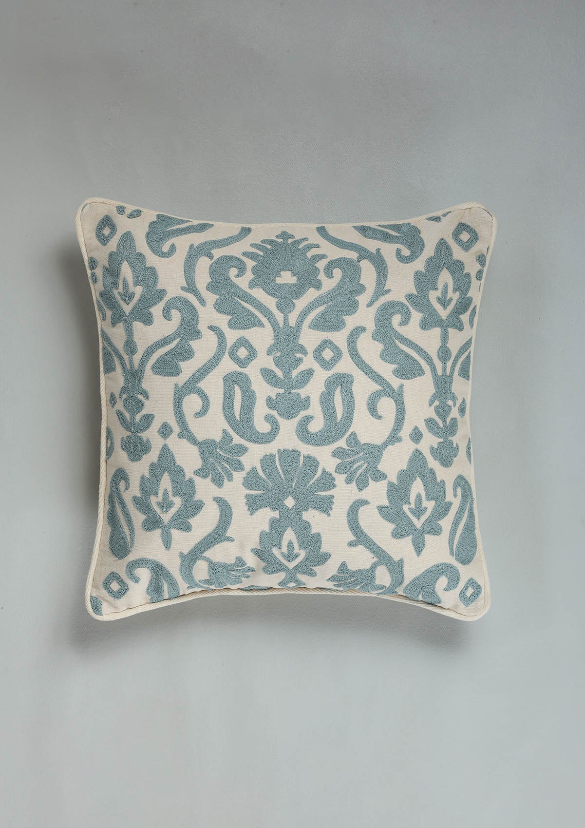 Amelia Teal Embroidered 100% Cotton Cushion Cover For Sofa