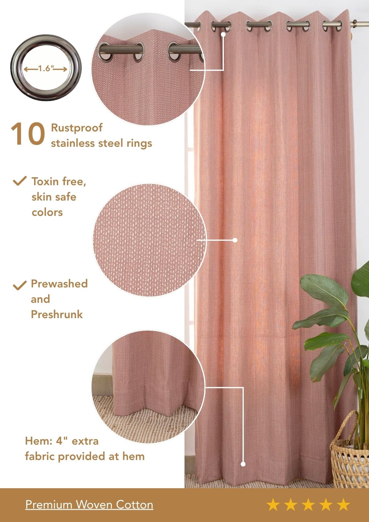 Ash Pink Textured 100% Cotton Curtain For Bedroom | Room Darkening | Single Piece