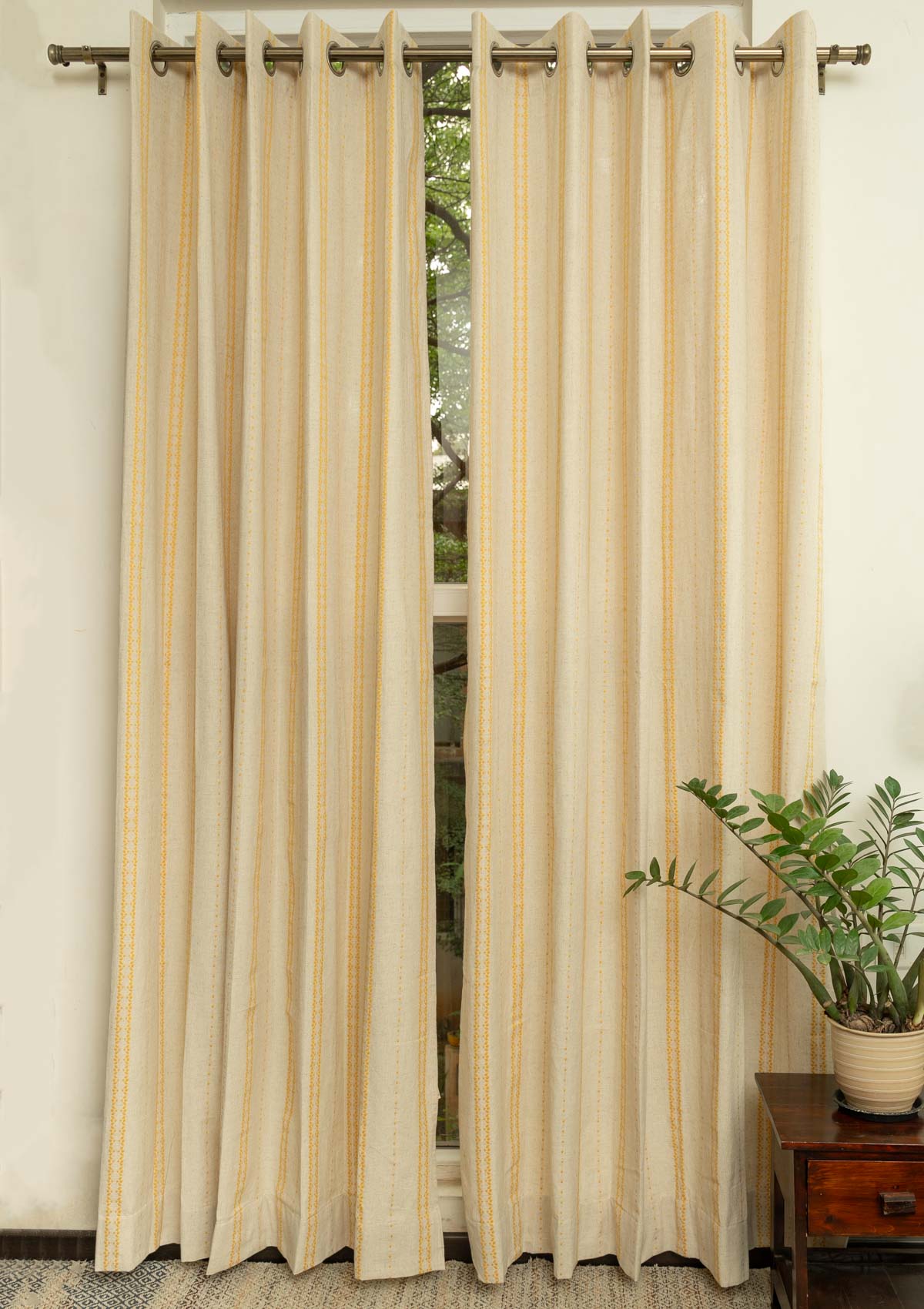 Aster linen customizable 100% cotton embroidered geometric curtain for living room - Room darkening - Mustard