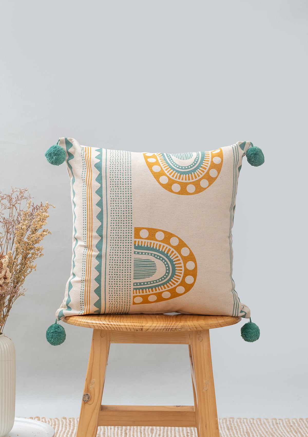 Aura 100% cotton boho cushion cover combo set for sofa- Mustard and aqua blue