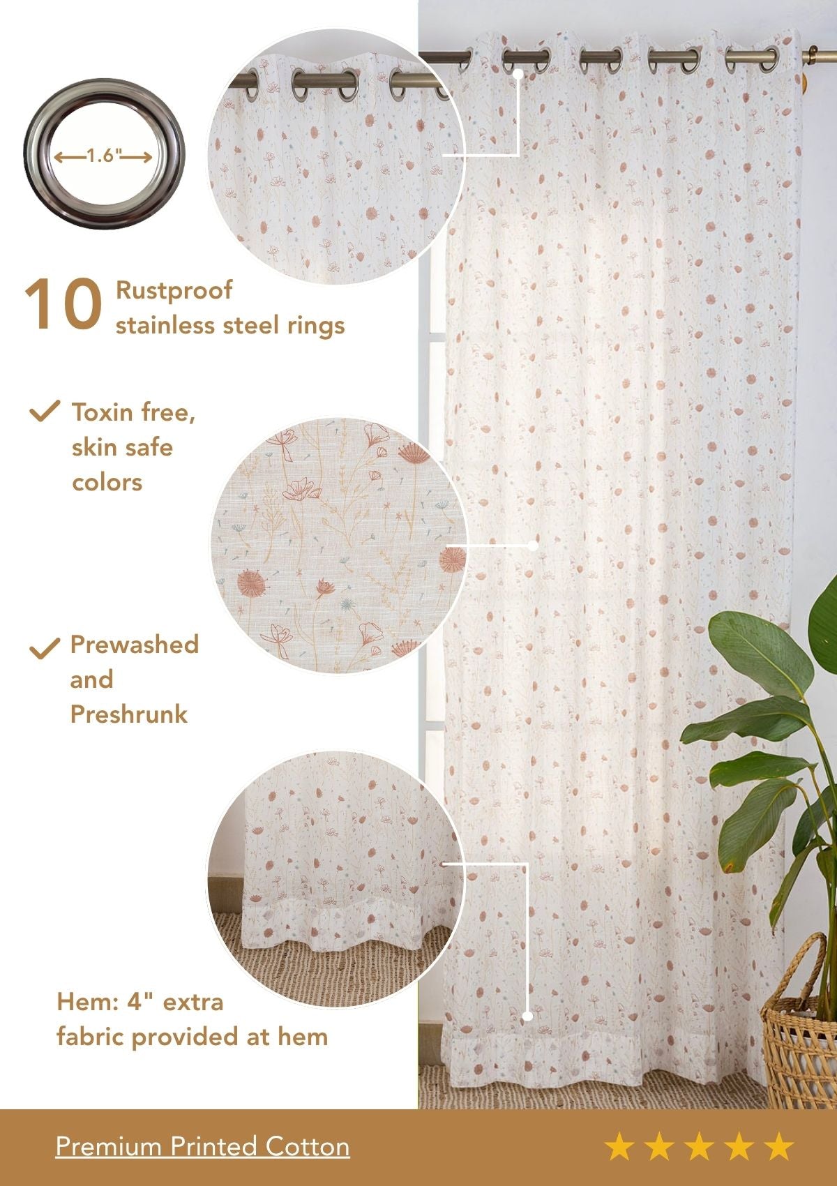 Ballet Pink Floral Printed 100% Cotton Sheer Curtain For Living Room | Light Reduction | Single Piece