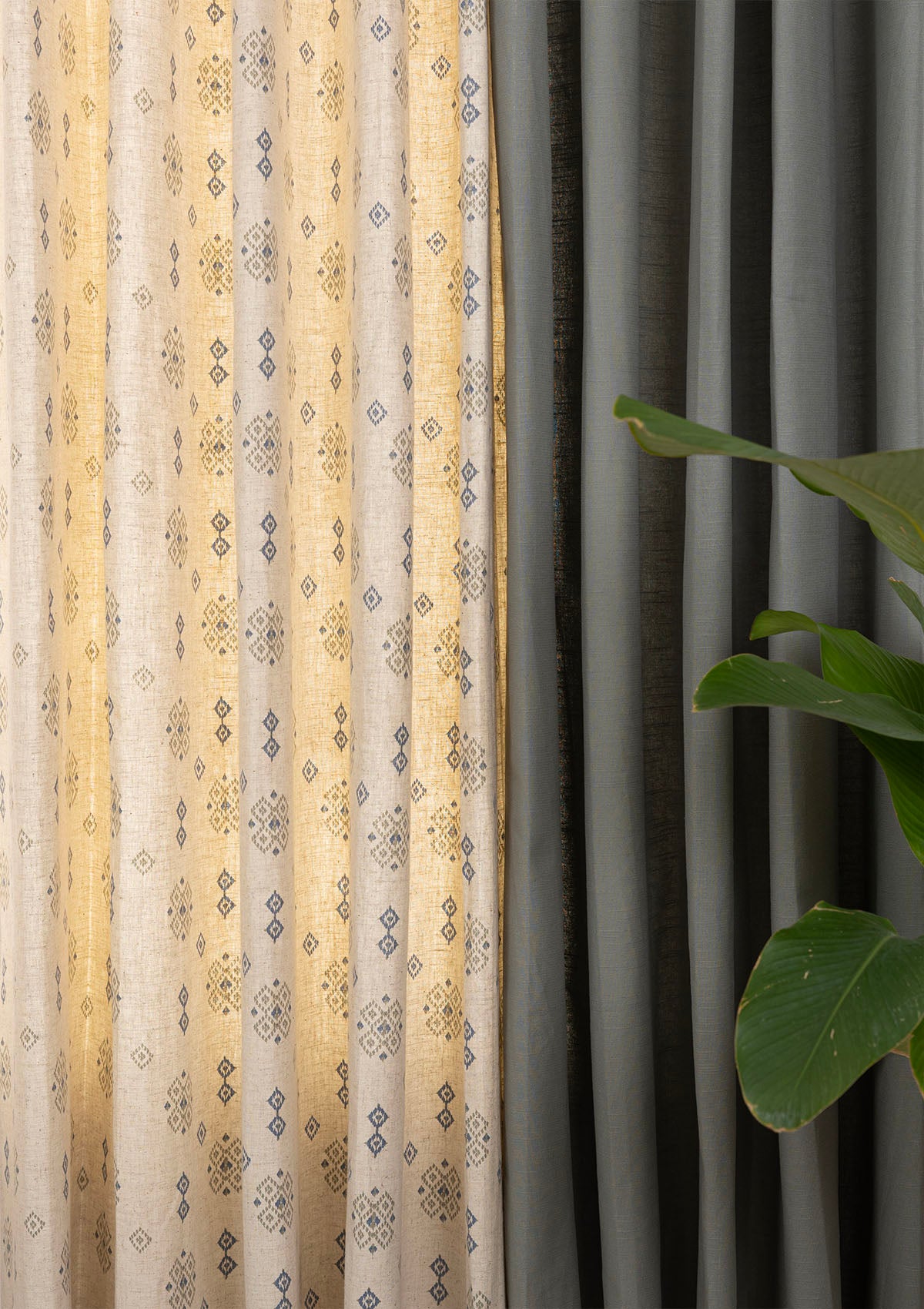 Basil Solid Room Darkening & Casara Printed Linen Light Reduction | 100% Cotton for Living Room & Bedroom | Solid & Geometric | Green | Pack of 4