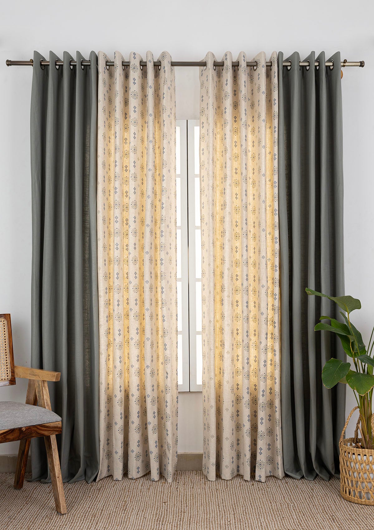 Basil Solid Room Darkening & Casara Printed Linen Light Reduction | 100% Cotton for Living Room & Bedroom | Solid & Geometric | Green | Pack of 4