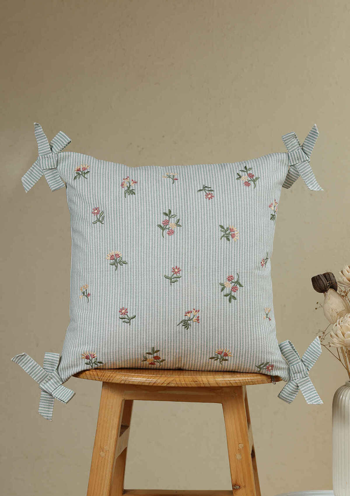 Belle Teal Embroidered 100% Cotton Cushion Cover For Sofa