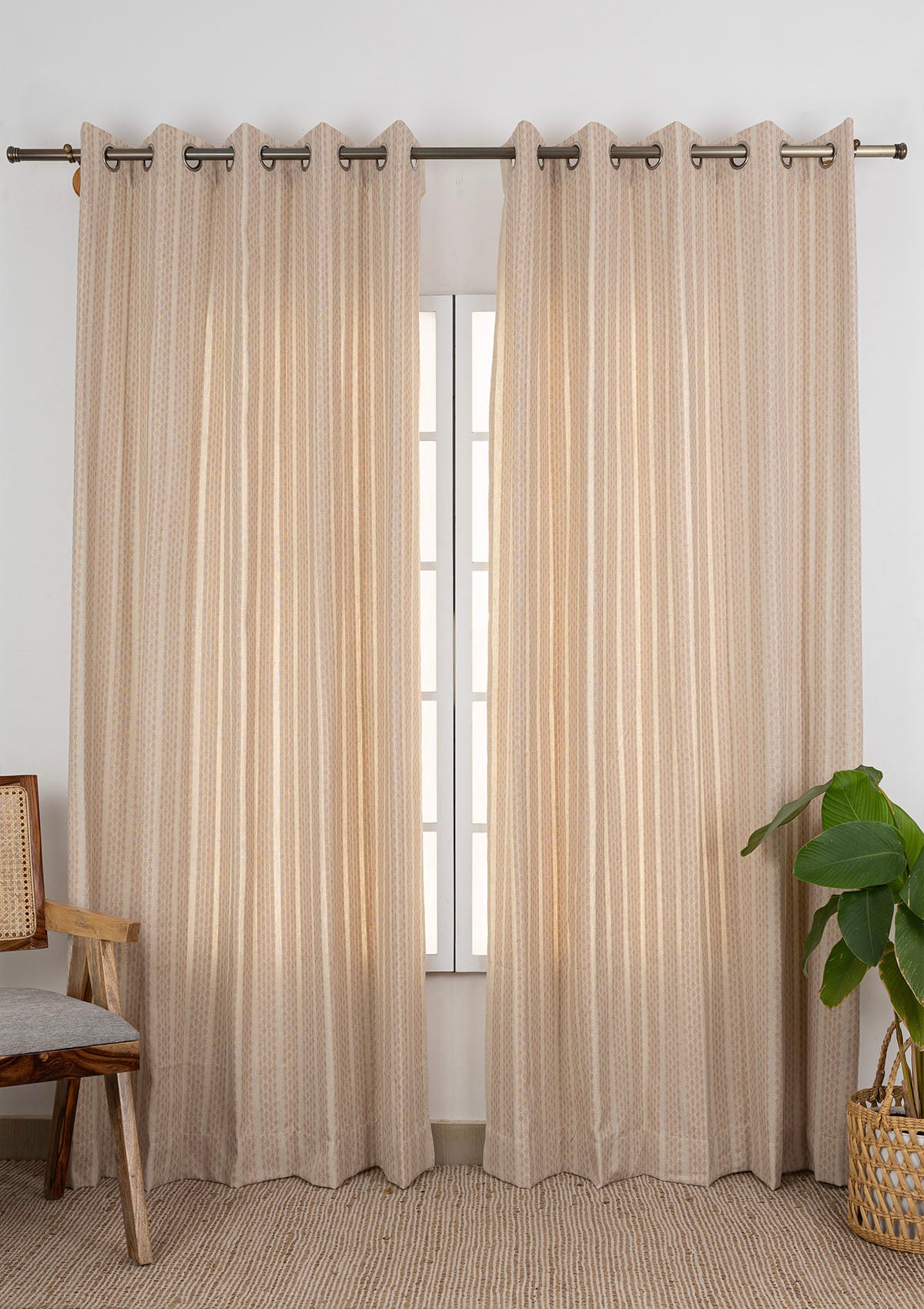 Biscotti Textured Light Filtering & Cava Minimal Printed Sheer Light Reduction | 100% Cotton for Living Room & Bedroom | Beige & Rust | Combo Curtains | Pack of 4