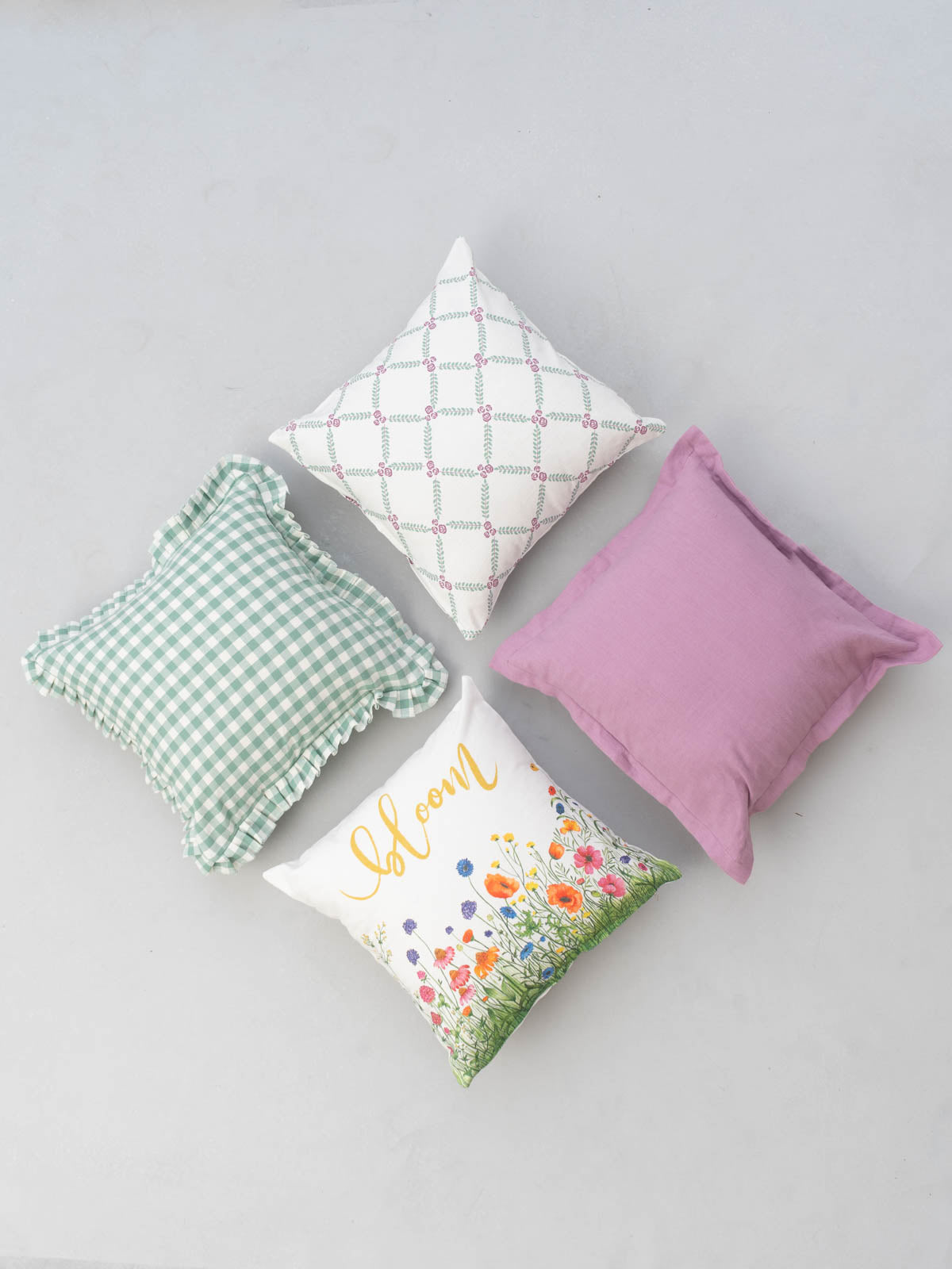 Bloom, Climbing Roses In Lavender, Gingham Sage Green, Dusty Lavender Set Of 4 Combo Cotton Cushion Cover - Lavender, Green