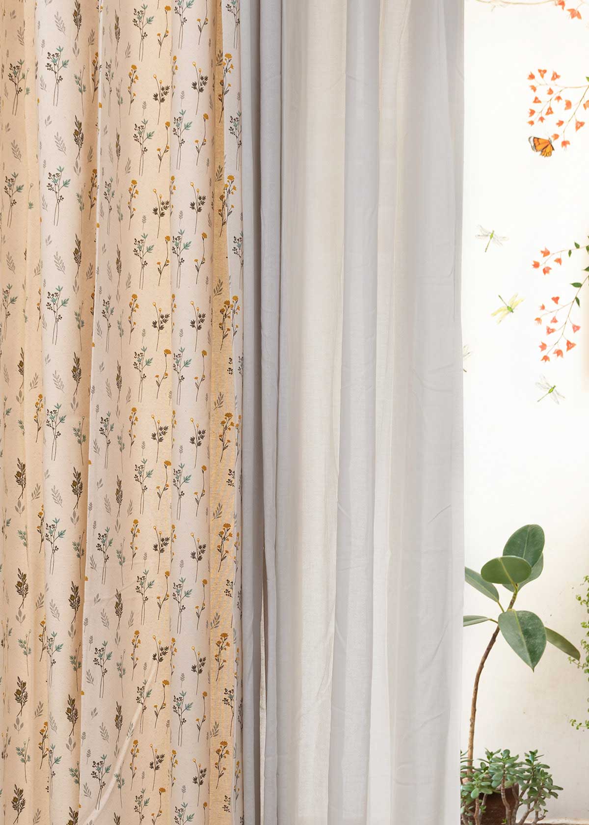 Blooming Meadow, Light Grey Sheer Set Of 2 Combo Cotton Curtain - Multicolor