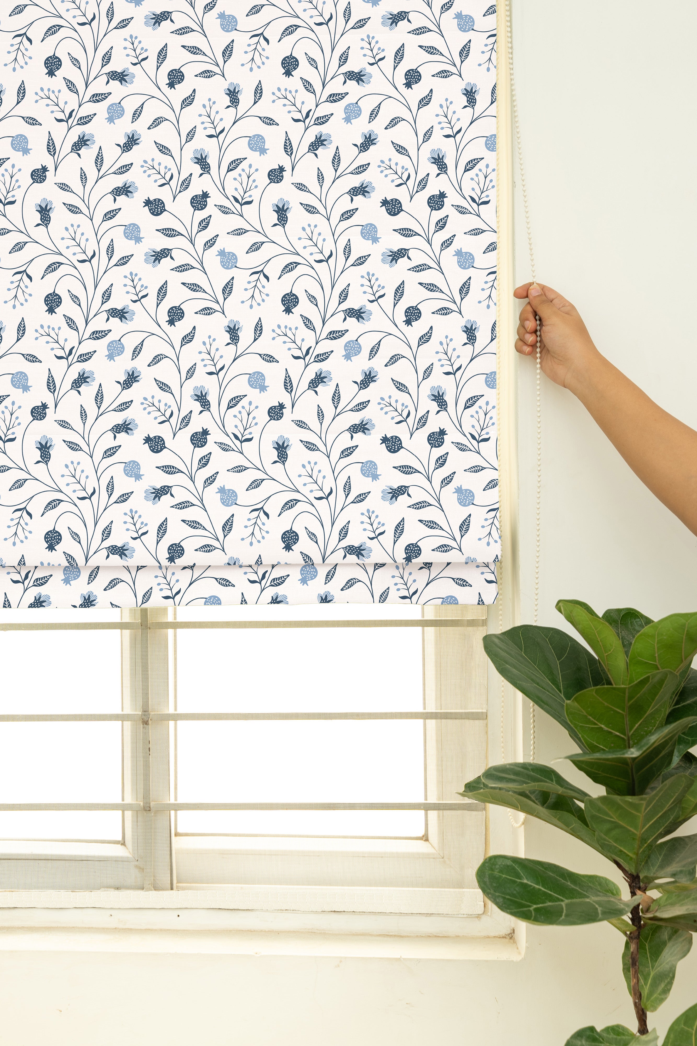 Blue Ruby 100% Customizable Cotton floral Roman blind for living room - Room darkening - Indigo