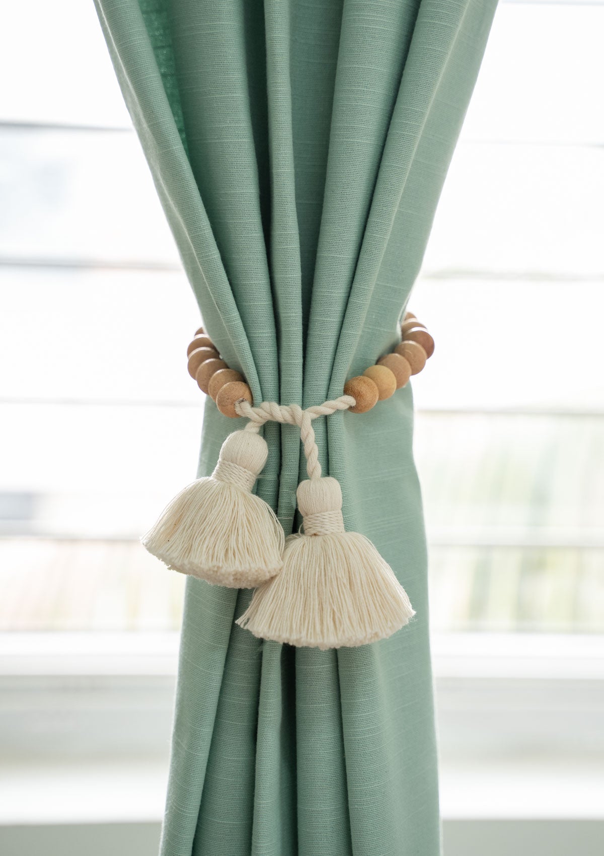 Boho wooden bead Cotton curtain tie back with tassels - Pack of 2