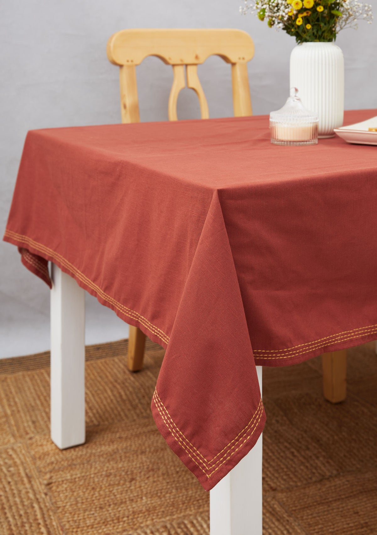 Burnt Brick Embroidered Cotton Table Cloth - Red