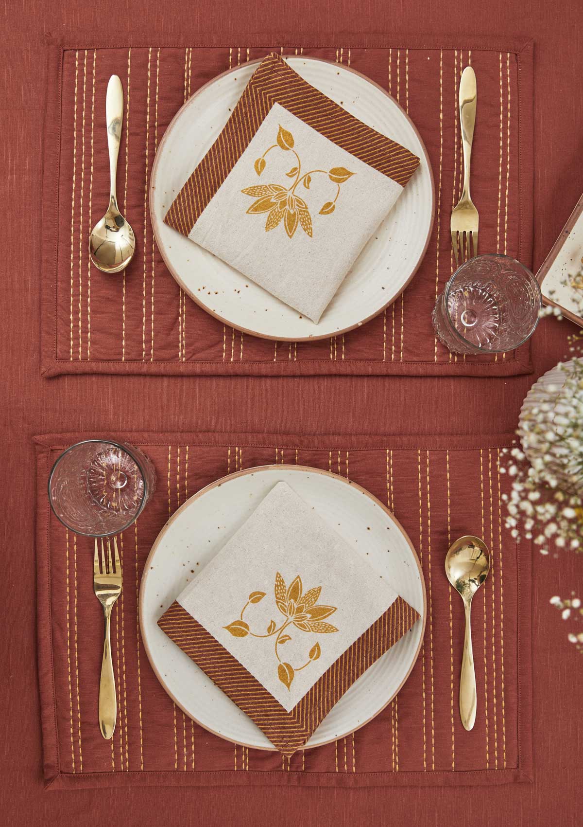 Burnt Brick Embroidered Cotton Table Cloth - Red