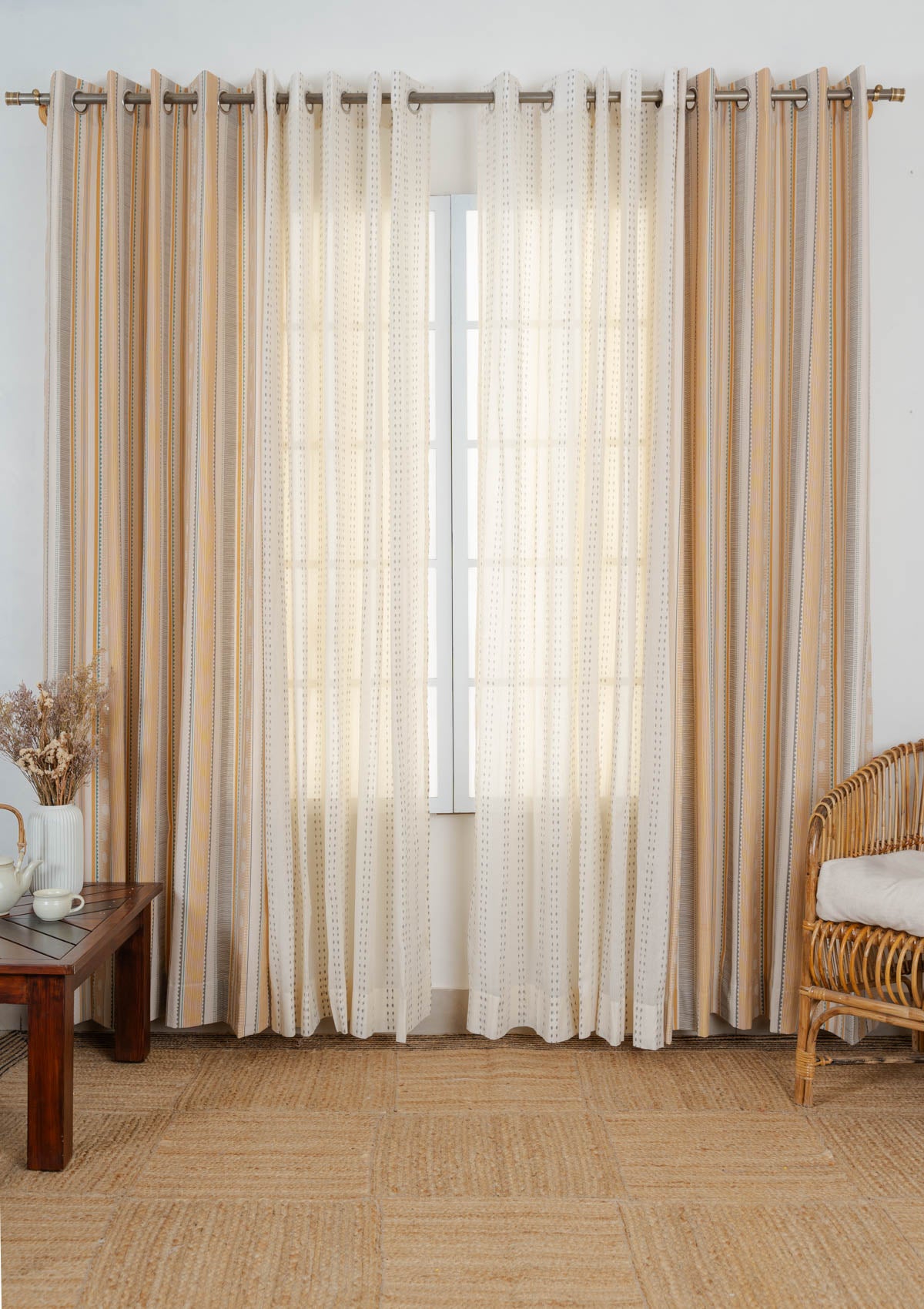 Buru geometric cotton with Dew geometric sheer 100% cotton curtains for living room - Set of 4