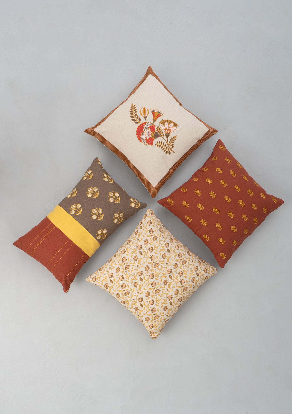 Calico Combo Set Of 4 Cotton Cushion Cover - Brick Red