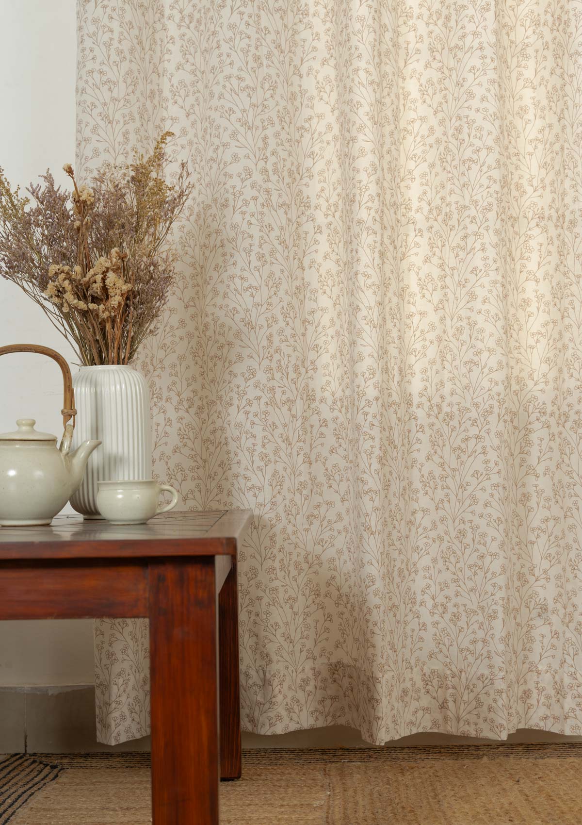 Canopy 100% cotton floral sheer curtain for living room - Light filtering - Brown - Single - Pack of 1