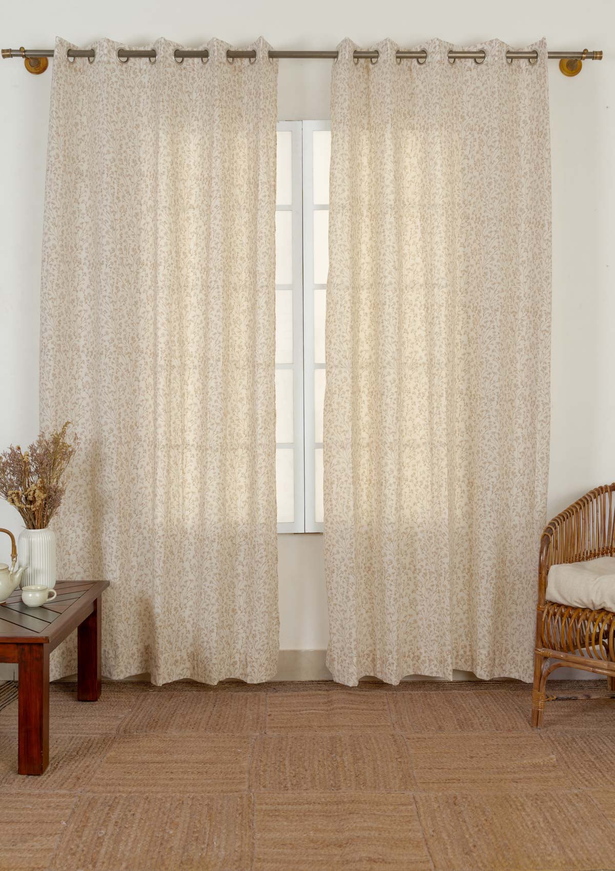 Canopy 100% cotton floral sheer customisable curtain for living room - Light filtering - Brown