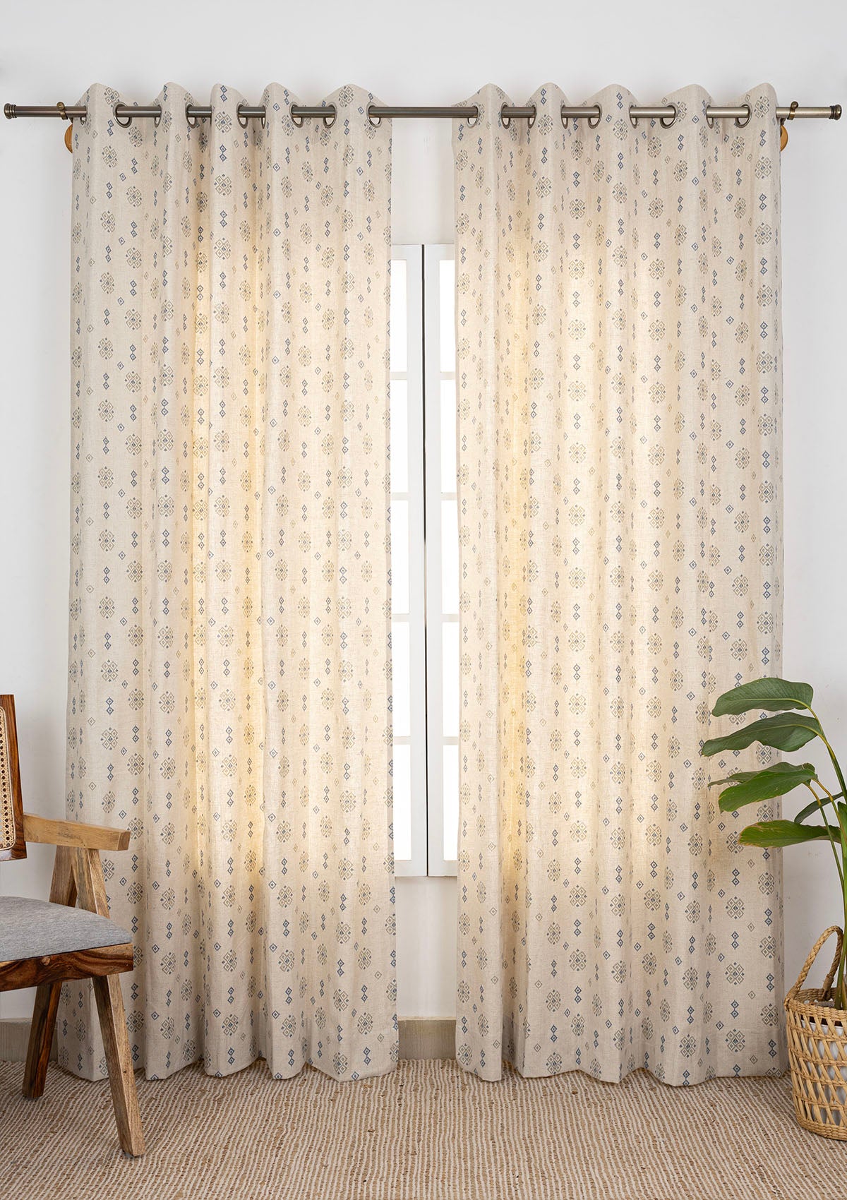 Basil Solid Room Darkening & Casara Printed Linen Light Reduction | 100% Cotton for Living Room & Bedroom | Solid & Geometric | Green | Combo Curtains | Pack of 4