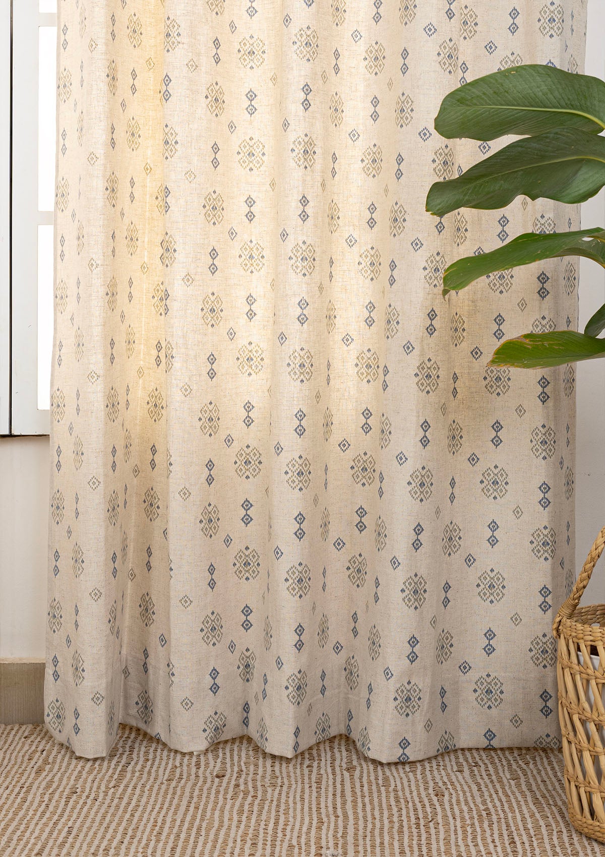Casara Green Geometric Printed 100% Cotton Linen Curtain For Living Room | Light Reduction - Single Piece