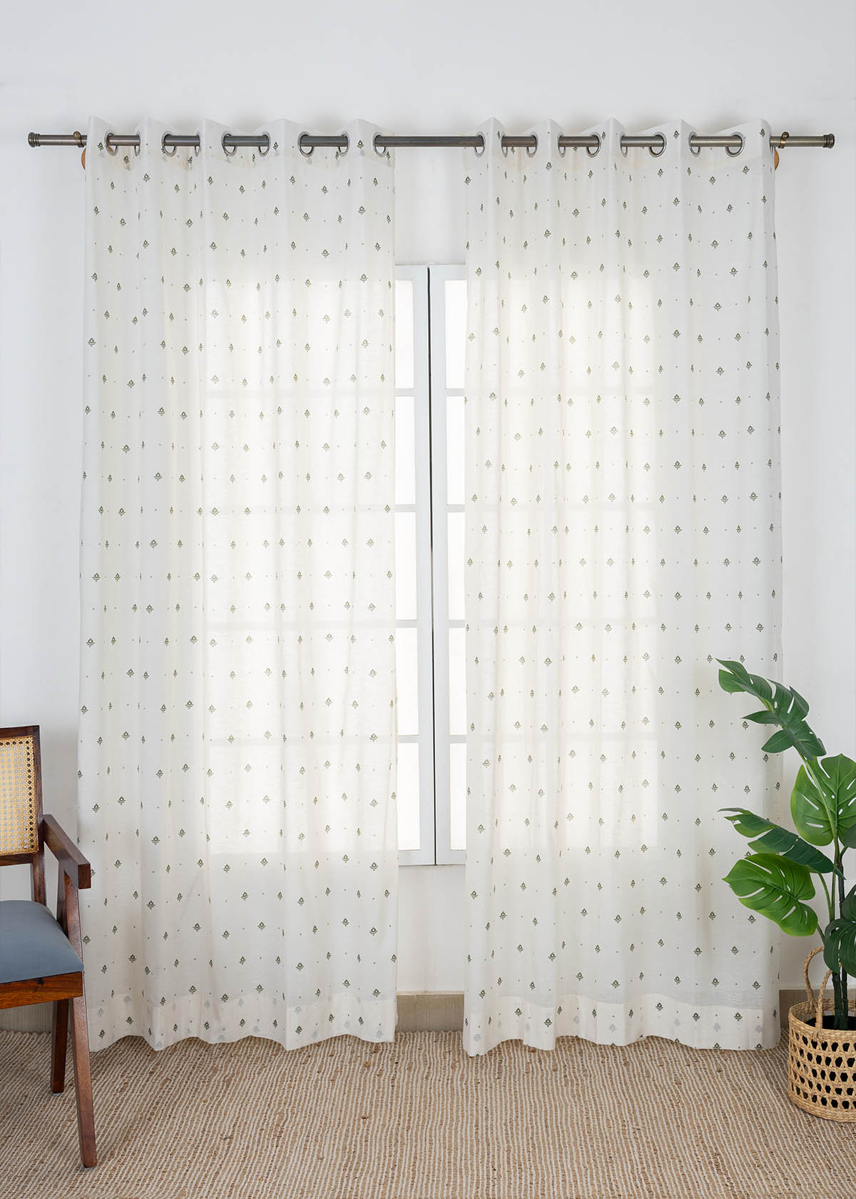 Kolam Printed Cotton Light Reduction & Cava Printed Sheer Light Filtering |  Pepper Green | 100% Cotton for Living Room & Bedroom | Minimal | Combo Curtains | Pack of 4
