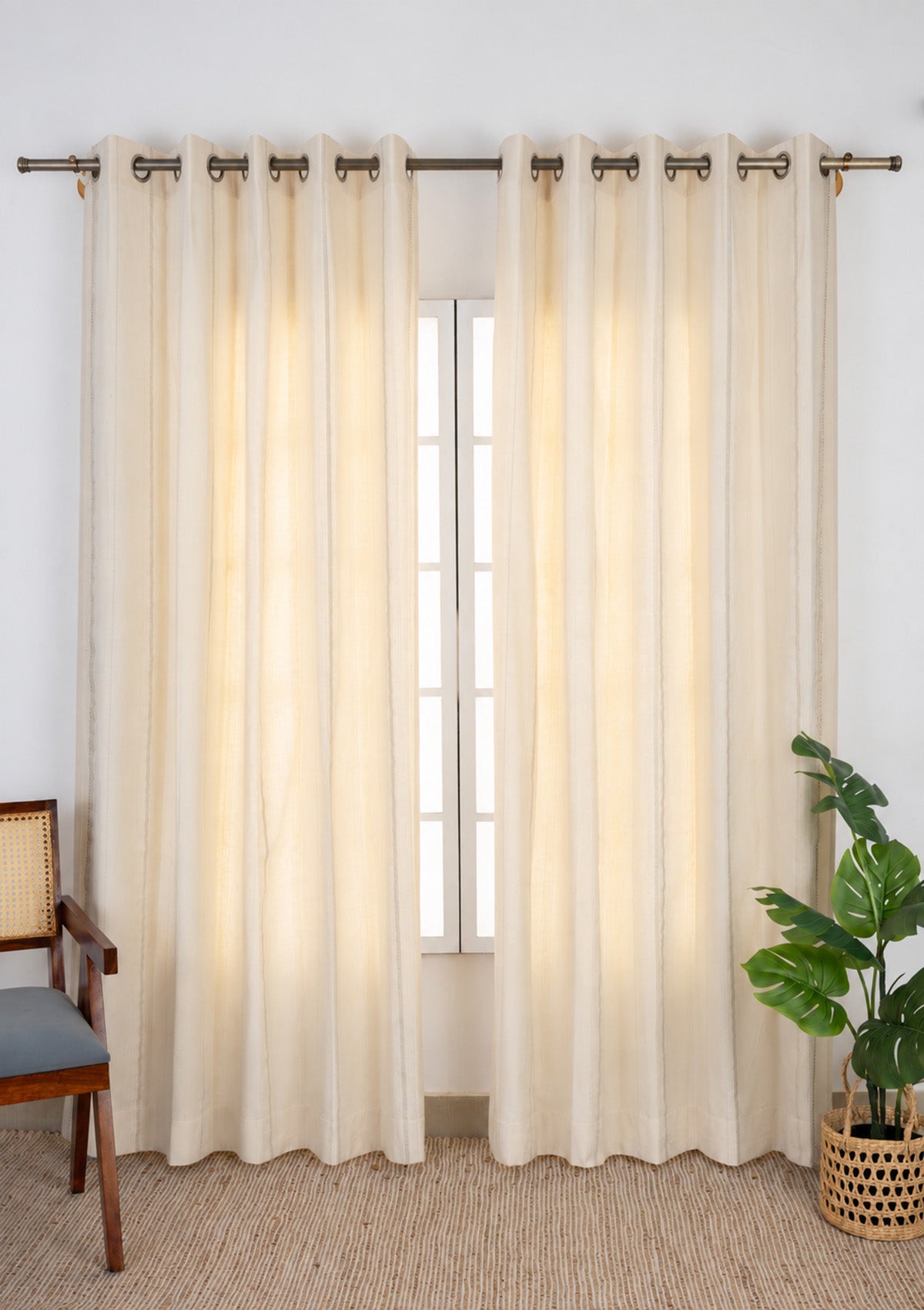 Daaram Textured Cotton Zari Blend Light Reduction & Husk Stripped Linen Textured Sheer Light Filtering | Gold & Beige | 100% Cotton for Living Room & Bedroom | Neutral | Combo Curtains | Pack of 4