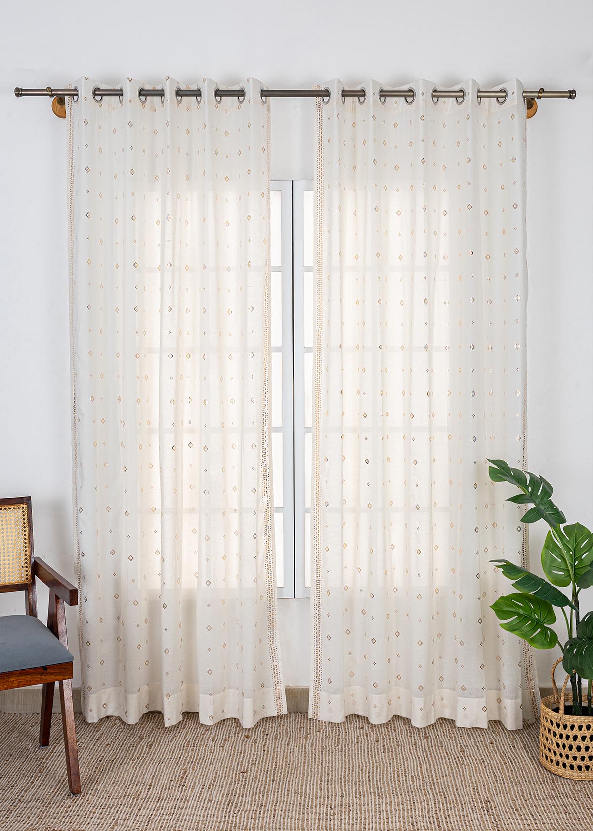 Iniya Copper Printed Cotton Room Darkening & Kani Printed Sheer Light Filtering | Green & Beige | 100% Cotton for Living Room & Bedroom | Ethnic & Geometric | Combo Curtains | Pack of 4